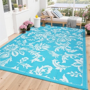 Garvee Waterproof Outdoor Rug 8×10 for Patio, Foldable Reversible Modern Area Rug, Large Plastic Straw Mat for Camping, RV, Porch, Backyard, Deck, Picnic, Beach, Blue & White(Light Blue & White)