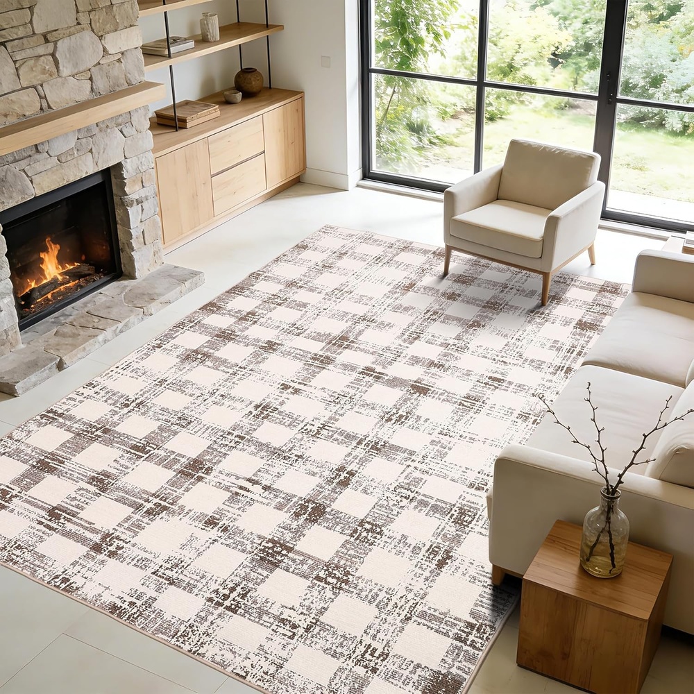 image:imageGarvee 8x10 Checkered Area Rug Washable Modern Geometric Rug Non Slip Low Pile Soft Carpet for Bedroom Living Room Dining Room BlackBeige