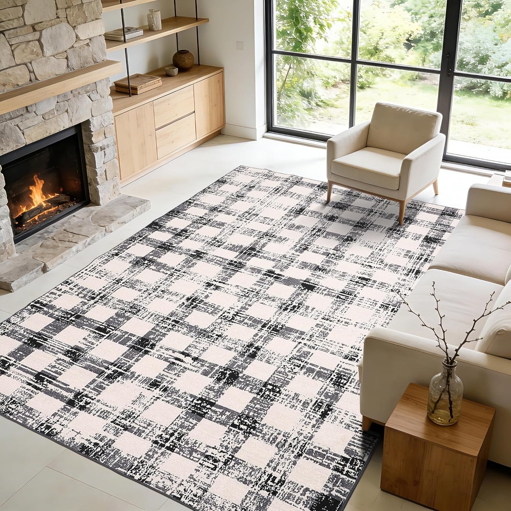image:imageGarvee 8x10 Checkered Area Rug Washable Modern Geometric Rug Non Slip Low Pile Soft Carpet for Bedroom Living Room Dining Room BlackBlack
