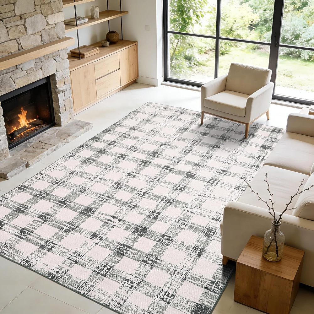 image:imageGarvee 8x10 Checkered Area Rug Washable Modern Geometric Rug Non Slip Low Pile Soft Carpet for Bedroom Living Room Dining Room BlackGreen