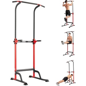 Power Tower Home Gym Strength Training Station Adjustable 10 Height Levels, Heavy-Duty Chin-Up Tower with Parallel Dip Handles, Bodyweight Workout Equipment for Pull-Ups, Dips, Knee Raises, Push-Ups, 330 Lb Capacity(Red)