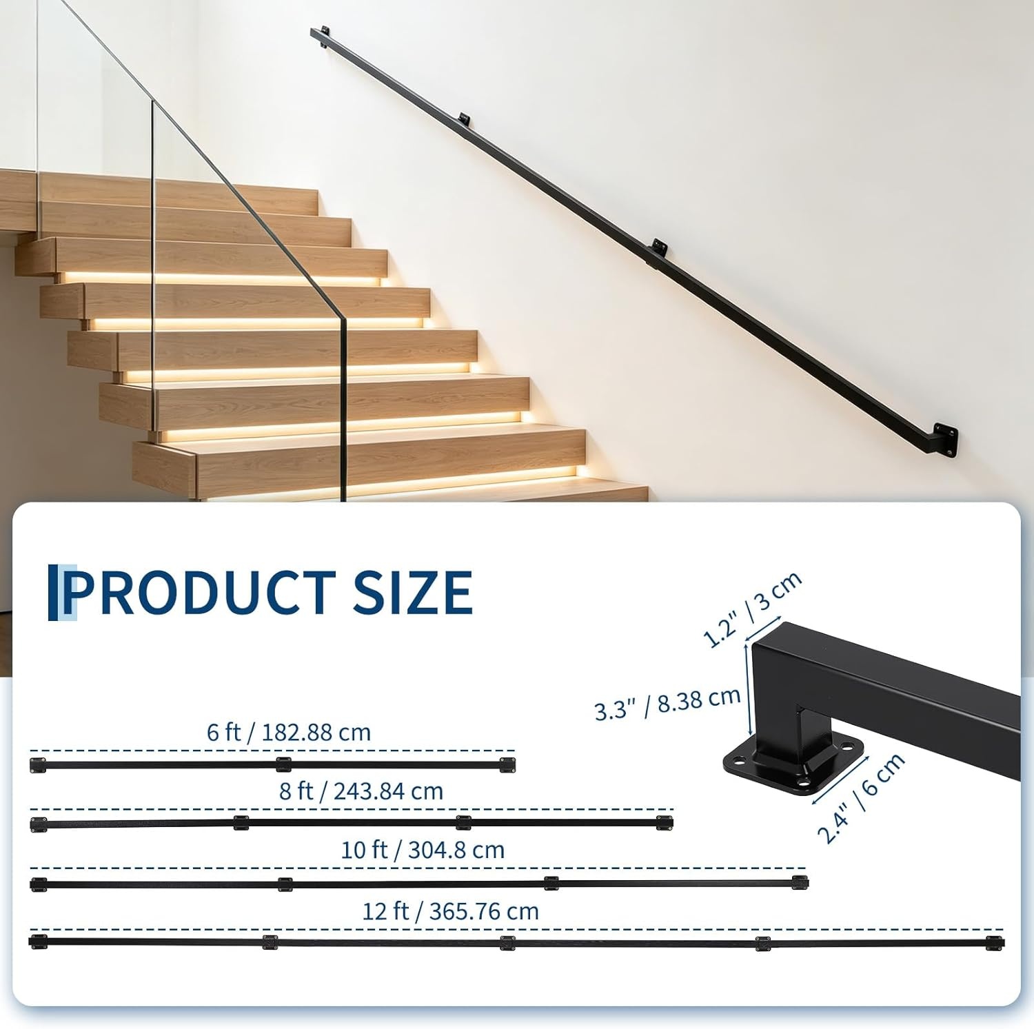 image:image10FT Stair Railings Indoor WallMounted Metal Hand Rail for Indoor Modern Black Metal Staircase Hand Rails 500lbs Load Capacity Industrial Wall Mounted Handrails Outdoor for Loft Porch Deck10 Feet