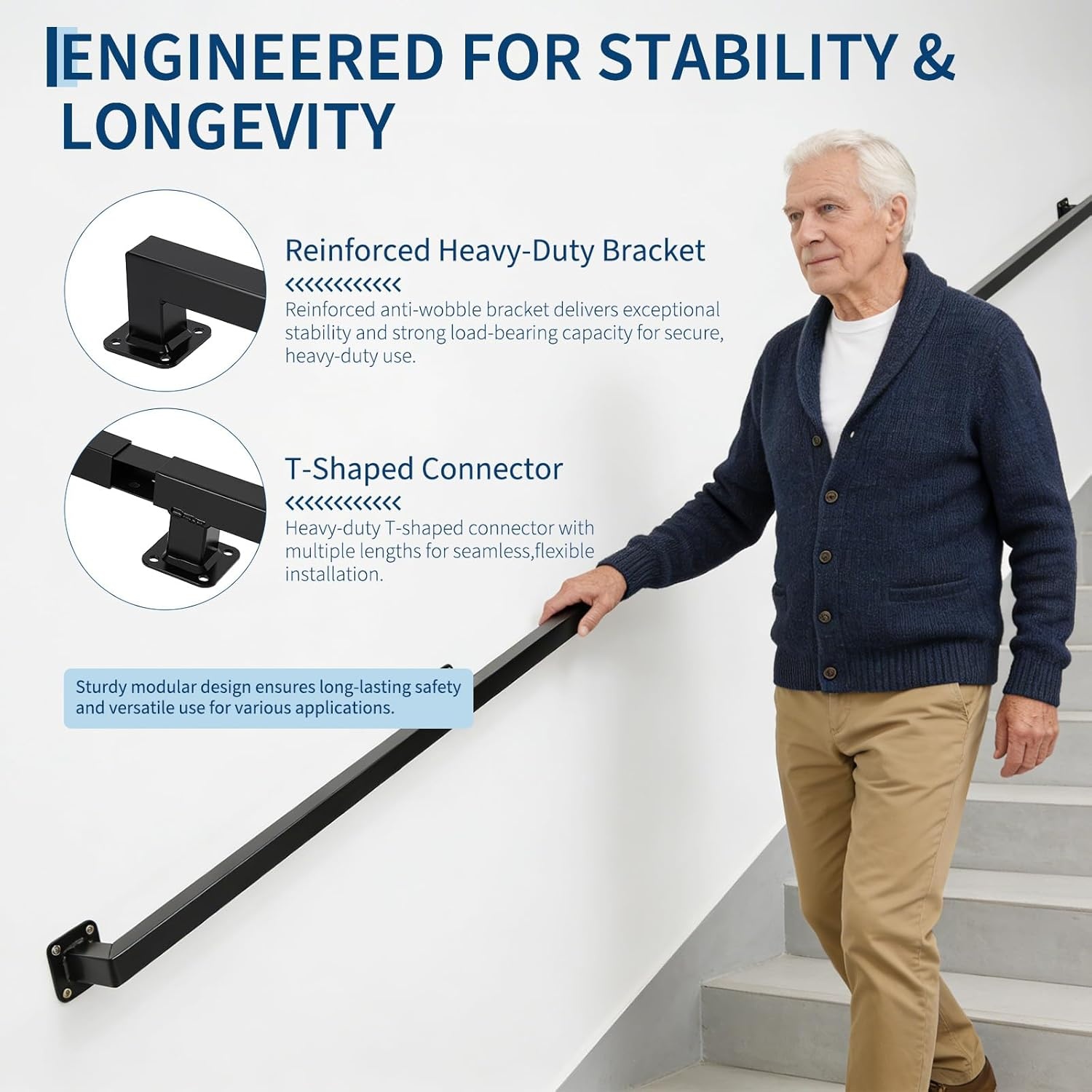 image:image10FT Stair Railings Indoor WallMounted Metal Hand Rail for Indoor Modern Black Metal Staircase Hand Rails 500lbs Load Capacity Industrial Wall Mounted Handrails Outdoor for Loft Porch Deck8FT