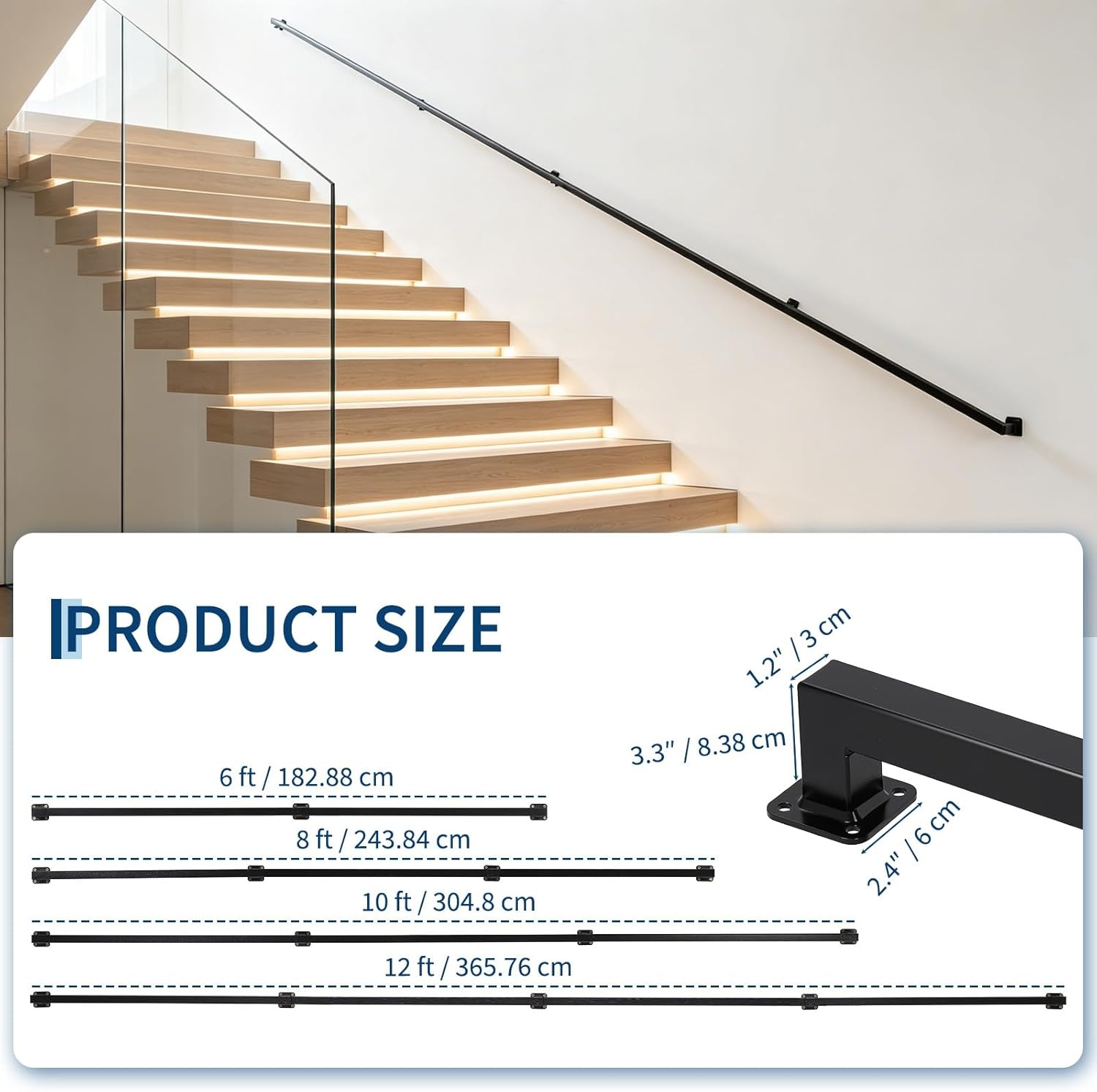 image:image10FT Stair Railings Indoor WallMounted Metal Hand Rail for Indoor Modern Black Metal Staircase Hand Rails 500lbs Load Capacity Industrial Wall Mounted Handrails Outdoor for Loft Porch Deck12 Feet