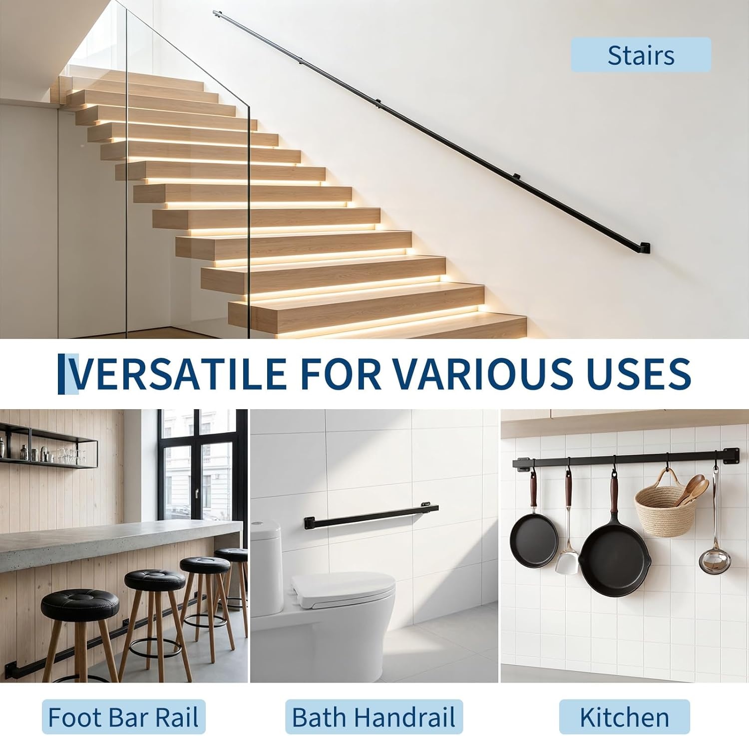 image:image10FT Stair Railings Indoor WallMounted Metal Hand Rail for Indoor Modern Black Metal Staircase Hand Rails 500lbs Load Capacity Industrial Wall Mounted Handrails Outdoor for Loft Porch Deck12 Feet