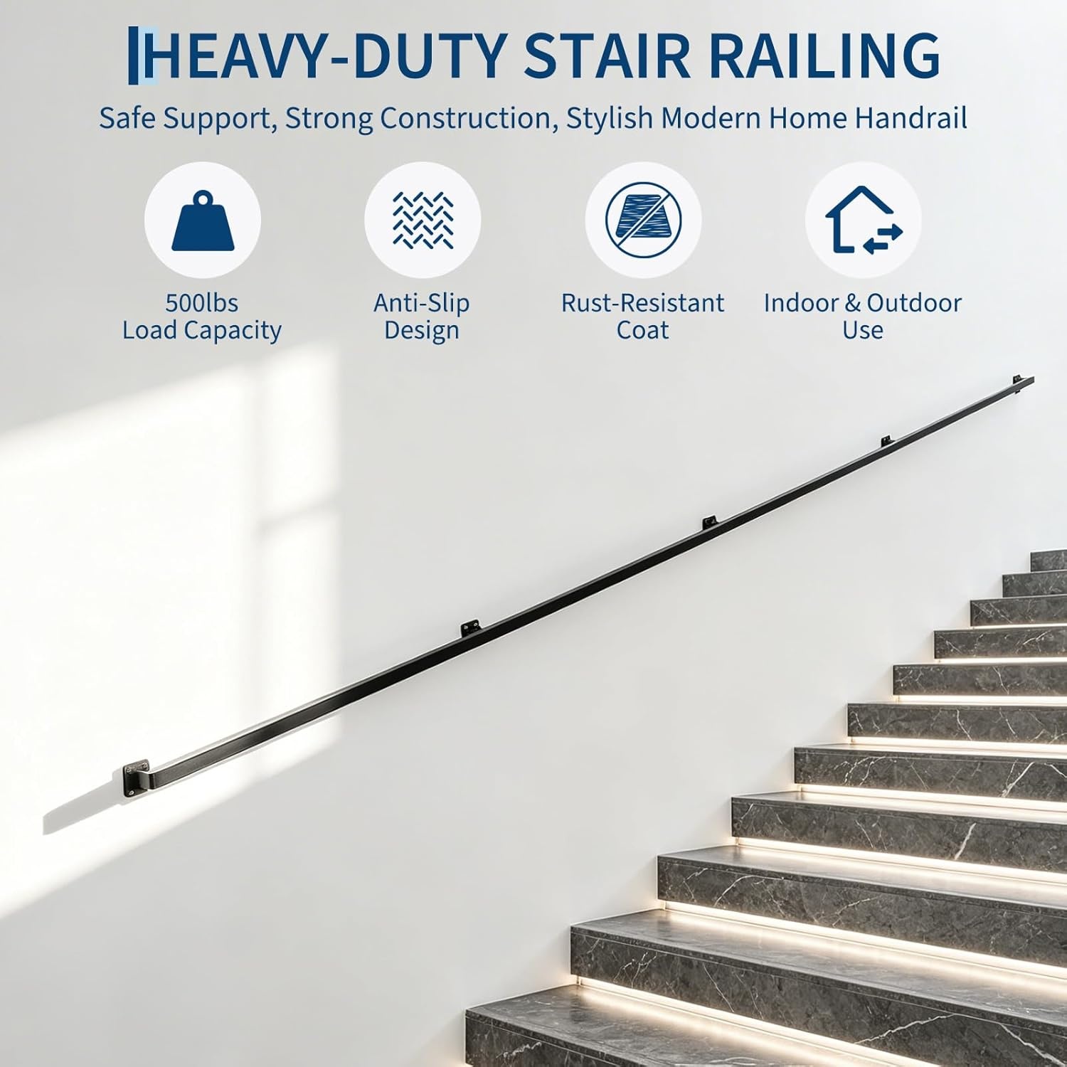 image:image10FT Stair Railings Indoor WallMounted Metal Hand Rail for Indoor Modern Black Metal Staircase Hand Rails 500lbs Load Capacity Industrial Wall Mounted Handrails Outdoor for Loft Porch Deck12 Feet