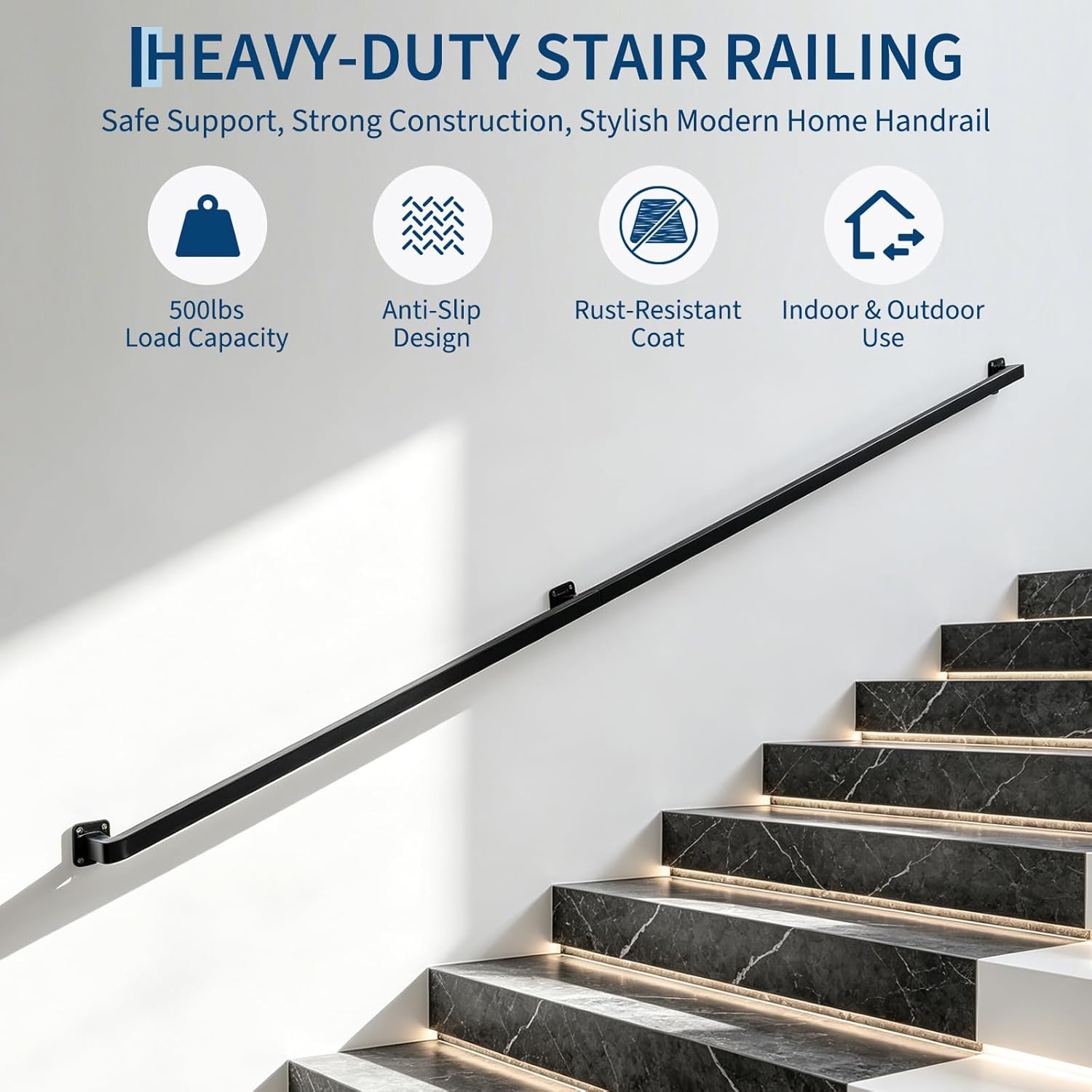 image:image10FT Stair Railings Indoor WallMounted Metal Hand Rail for Indoor Modern Black Metal Staircase Hand Rails 500lbs Load Capacity Industrial Wall Mounted Handrails Outdoor for Loft Porch Deck6 Feet