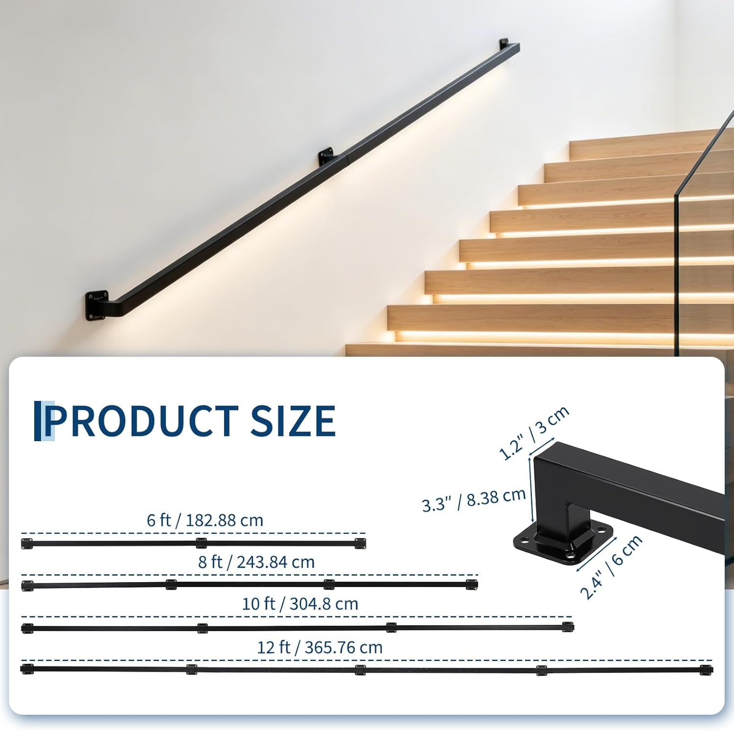 image:image10FT Stair Railings Indoor WallMounted Metal Hand Rail for Indoor Modern Black Metal Staircase Hand Rails 500lbs Load Capacity Industrial Wall Mounted Handrails Outdoor for Loft Porch Deck6 Feet