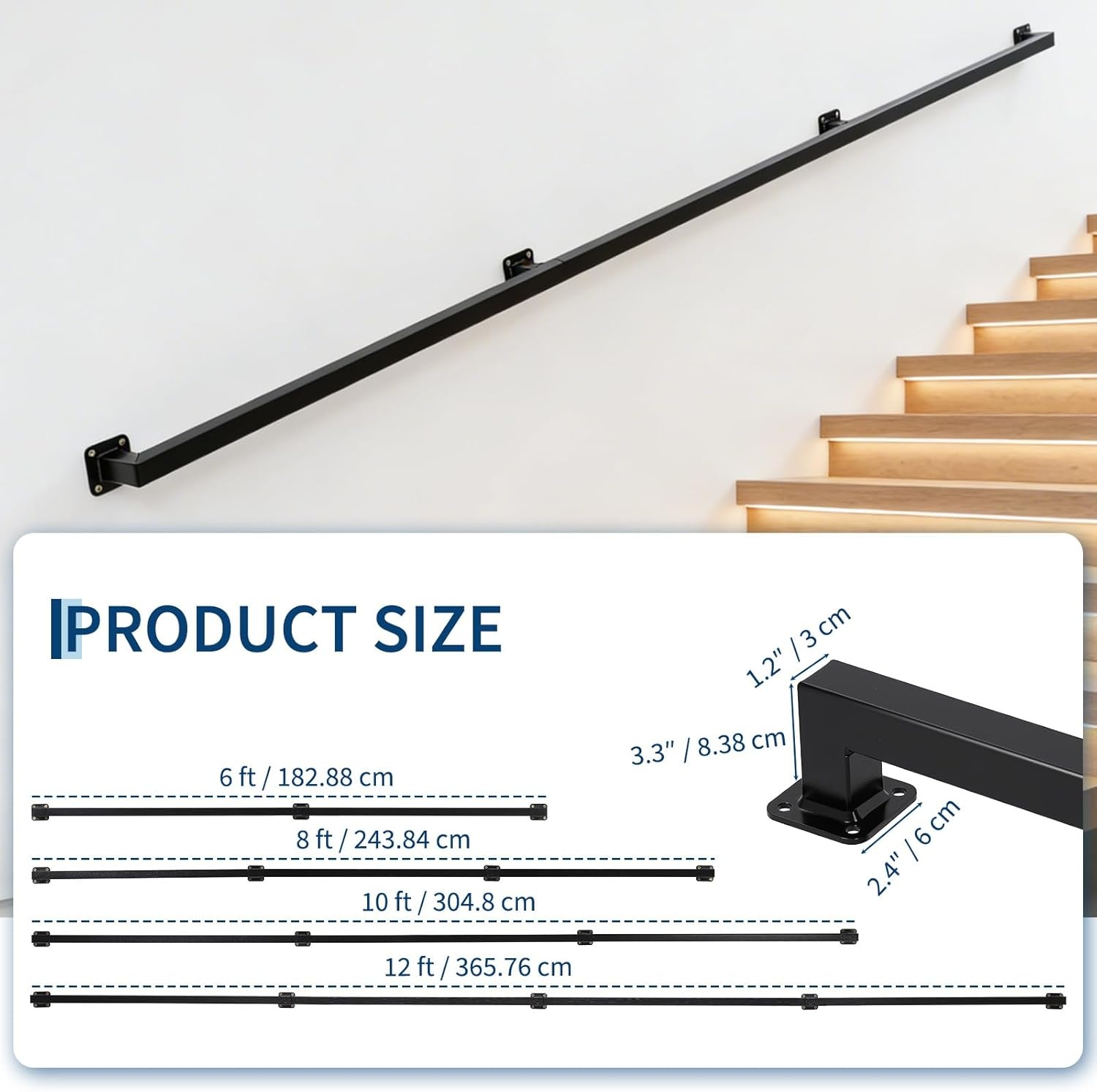 image:image10FT Stair Railings Indoor WallMounted Metal Hand Rail for Indoor Modern Black Metal Staircase Hand Rails 500lbs Load Capacity Industrial Wall Mounted Handrails Outdoor for Loft Porch Deck8FT