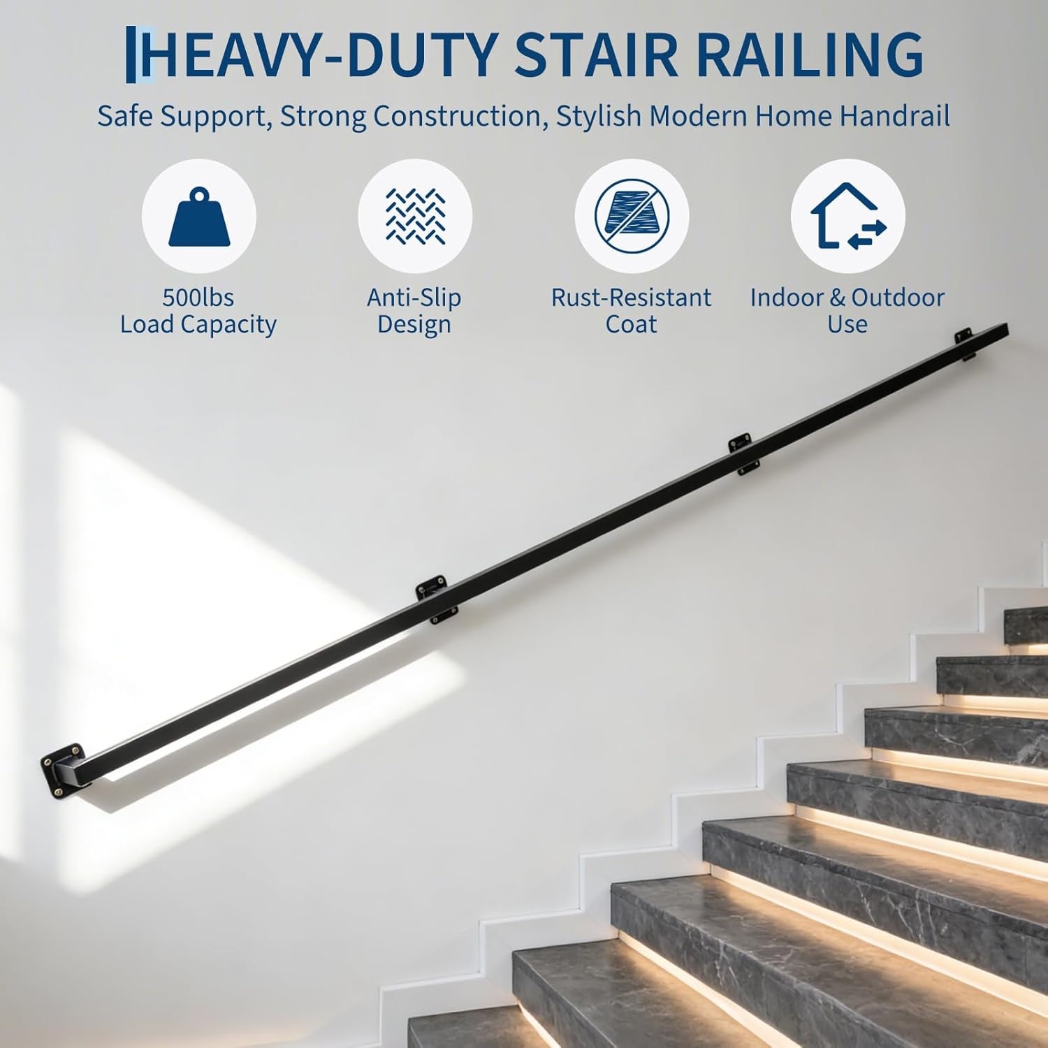 image:image10FT Stair Railings Indoor WallMounted Metal Hand Rail for Indoor Modern Black Metal Staircase Hand Rails 500lbs Load Capacity Industrial Wall Mounted Handrails Outdoor for Loft Porch Deck8FT