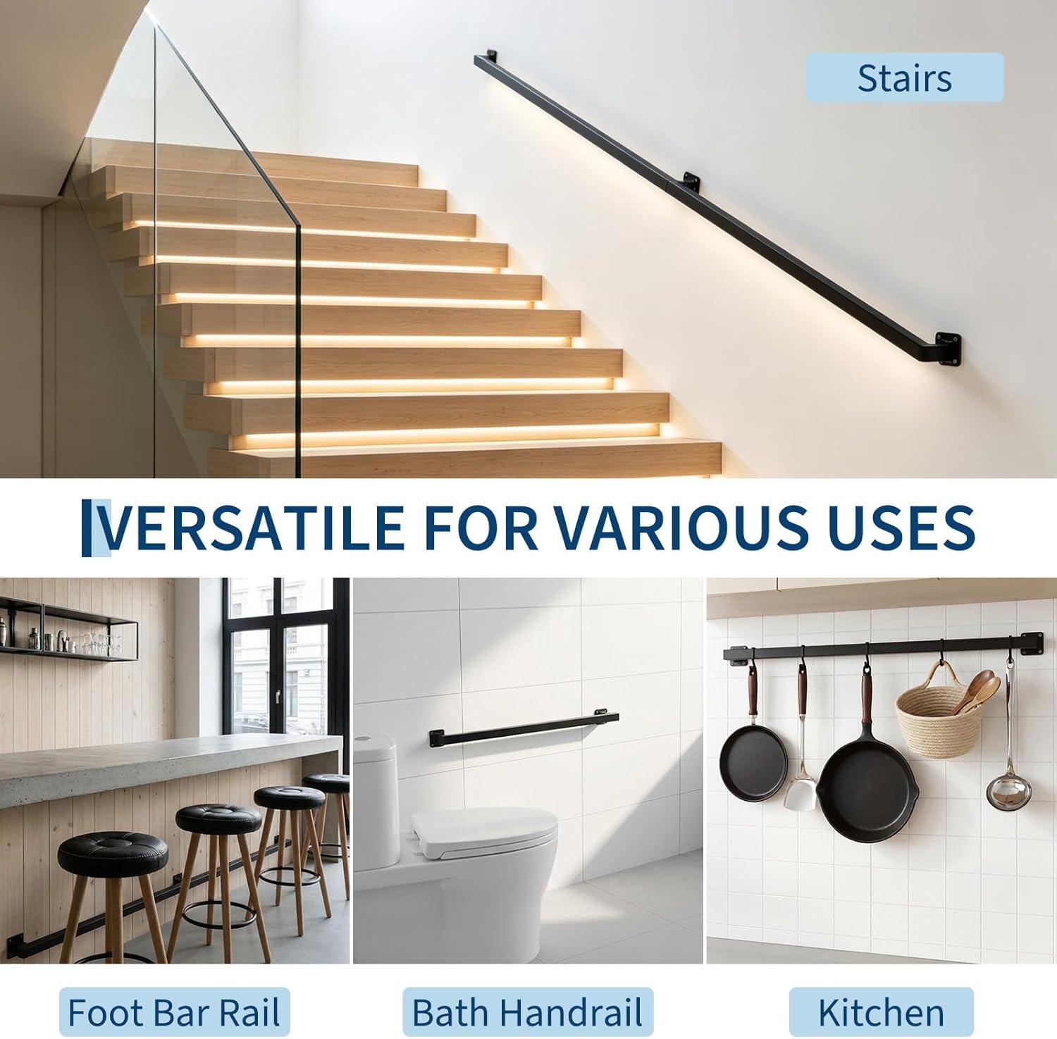 image:image10FT Stair Railings Indoor WallMounted Metal Hand Rail for Indoor Modern Black Metal Staircase Hand Rails 500lbs Load Capacity Industrial Wall Mounted Handrails Outdoor for Loft Porch Deck6 Feet