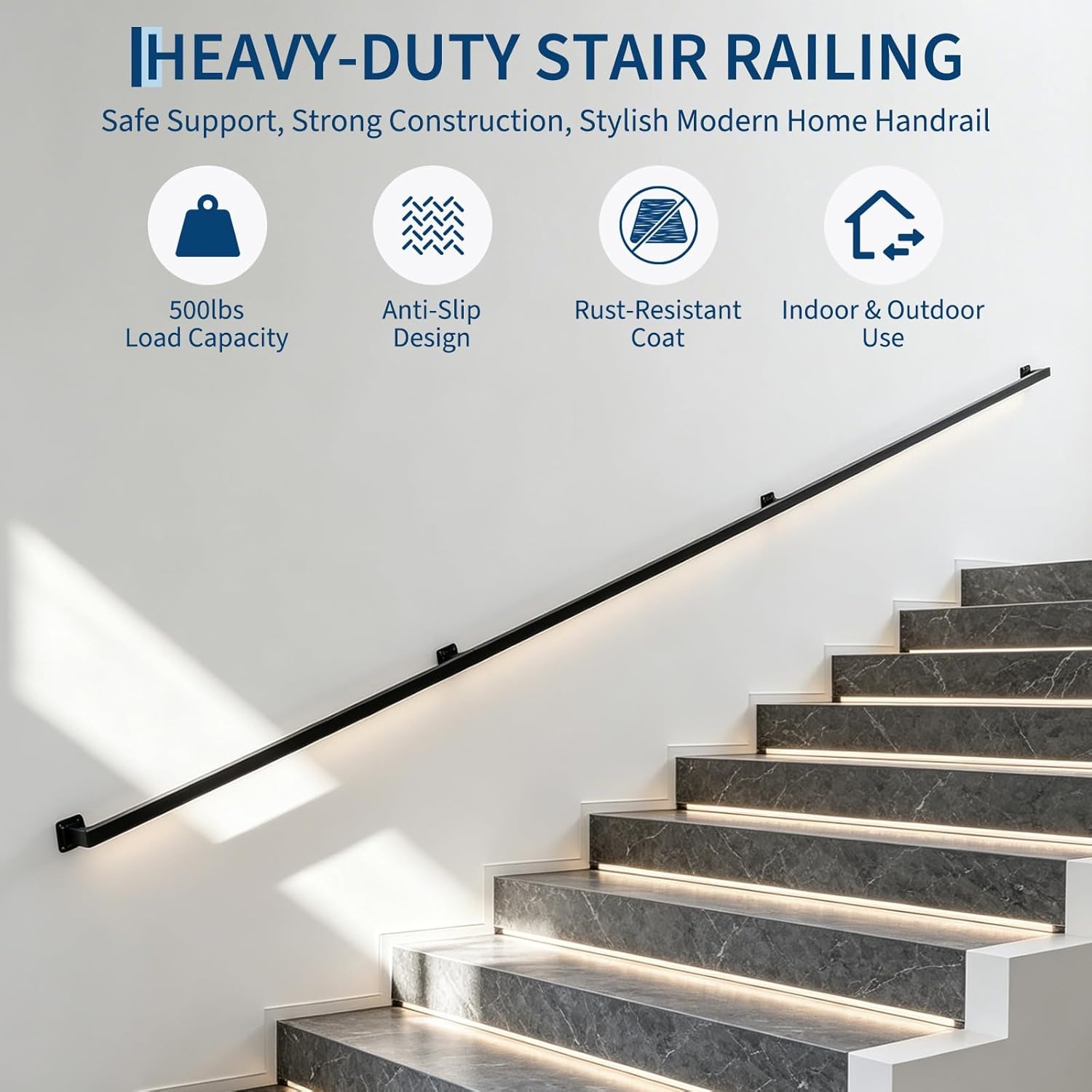 image:image10FT Stair Railings Indoor WallMounted Metal Hand Rail for Indoor Modern Black Metal Staircase Hand Rails 500lbs Load Capacity Industrial Wall Mounted Handrails Outdoor for Loft Porch Deck10 Feet