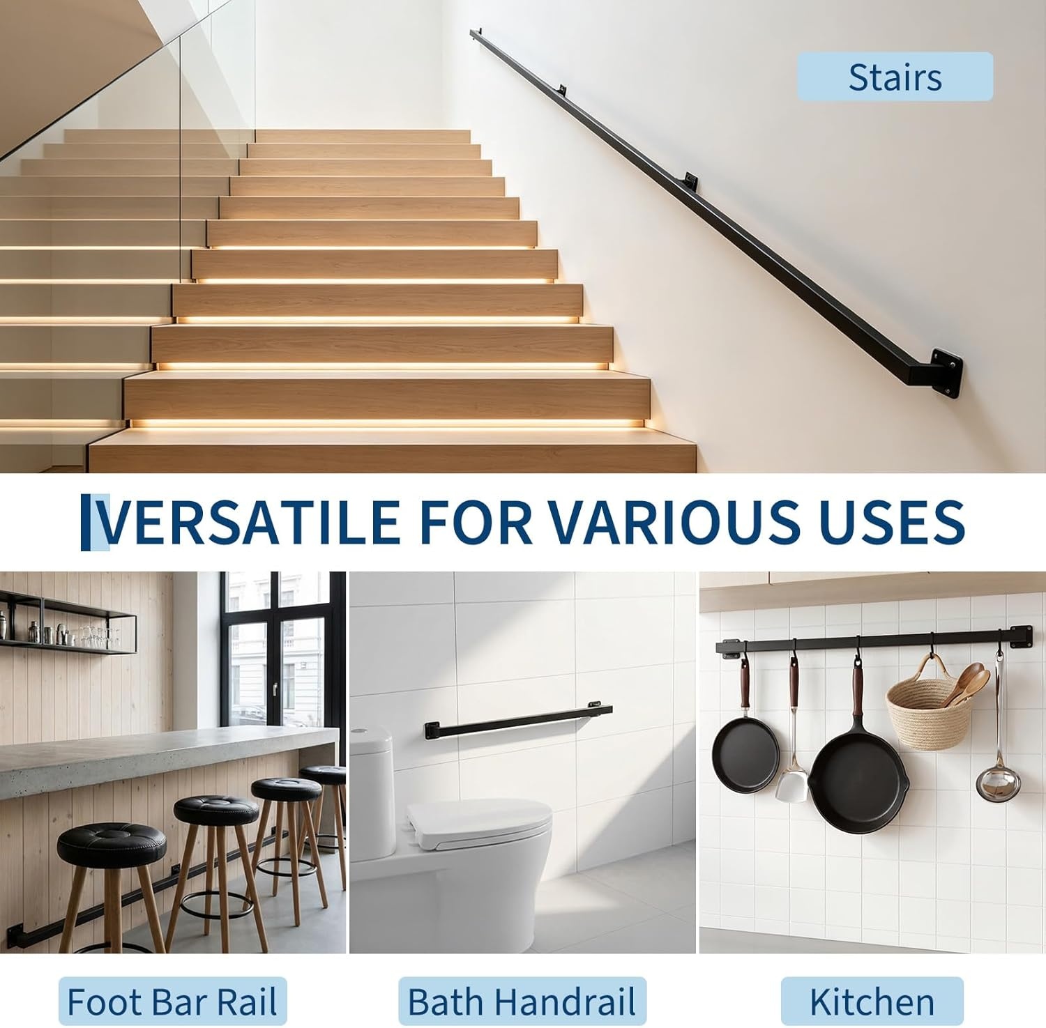 image:image10FT Stair Railings Indoor WallMounted Metal Hand Rail for Indoor Modern Black Metal Staircase Hand Rails 500lbs Load Capacity Industrial Wall Mounted Handrails Outdoor for Loft Porch Deck10 Feet
