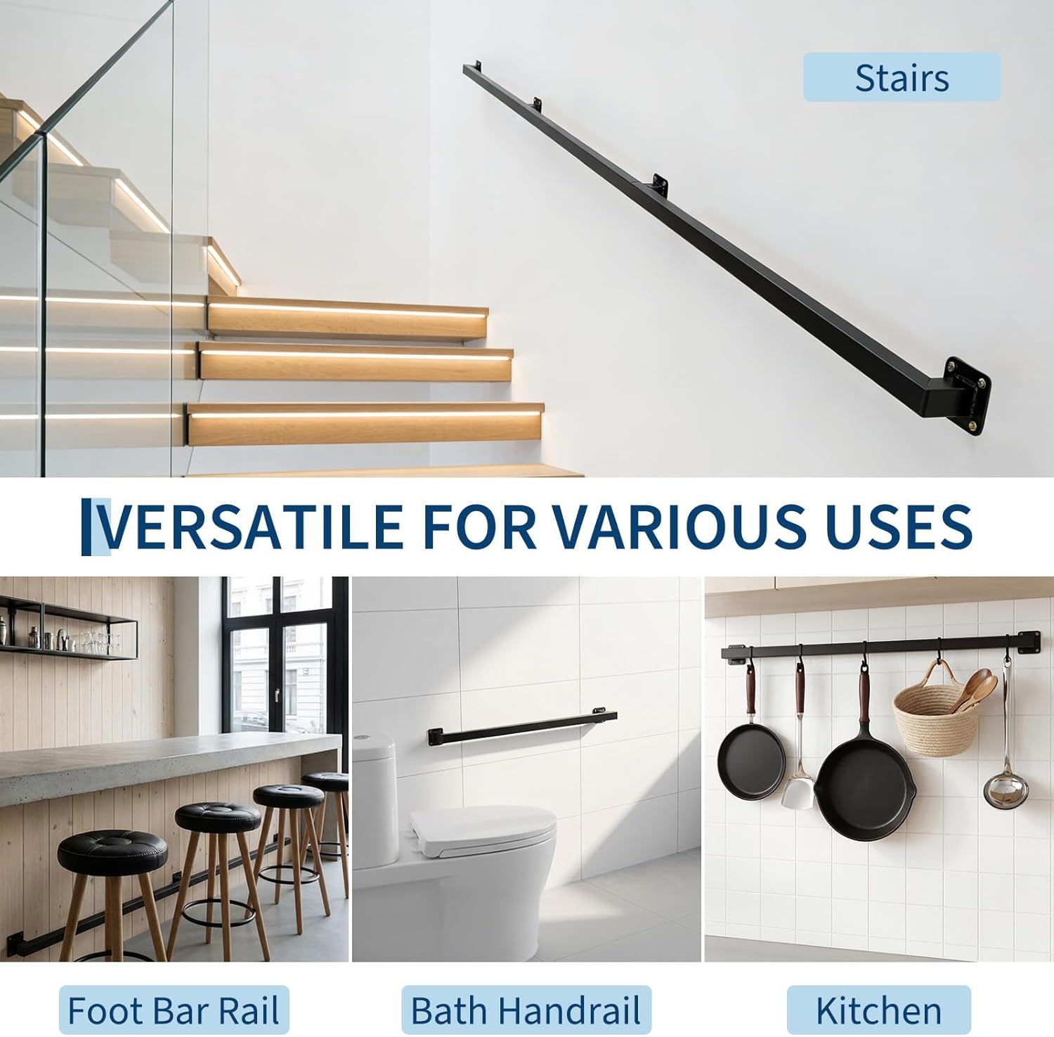 image:image10FT Stair Railings Indoor WallMounted Metal Hand Rail for Indoor Modern Black Metal Staircase Hand Rails 500lbs Load Capacity Industrial Wall Mounted Handrails Outdoor for Loft Porch Deck8FT
