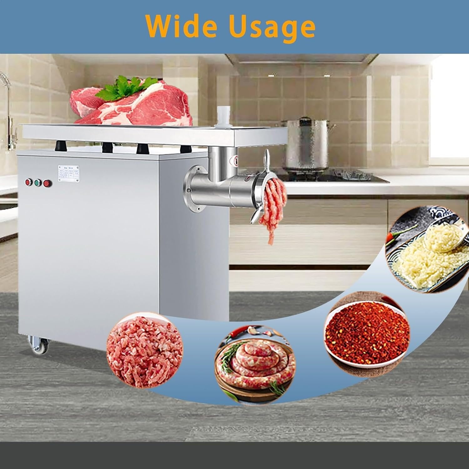 image:image1500W Commercial Electric Meat Grinder Heavy Duty Stainless Steel Mincer with 770 Lbs Per Hour Output Industrial Food Processing Machine with 2 Blades 2 Grifting Plates and Sausage Stuffer3000W
