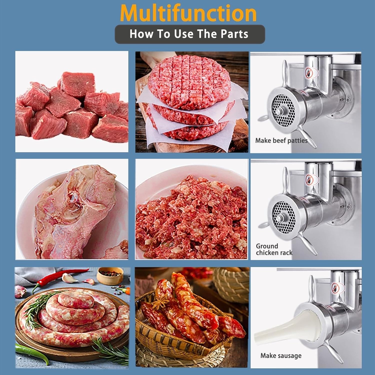 image:image1500W Commercial Electric Meat Grinder Heavy Duty Stainless Steel Mincer with 770 Lbs Per Hour Output Industrial Food Processing Machine with 2 Blades 2 Grifting Plates and Sausage Stuffer3000W