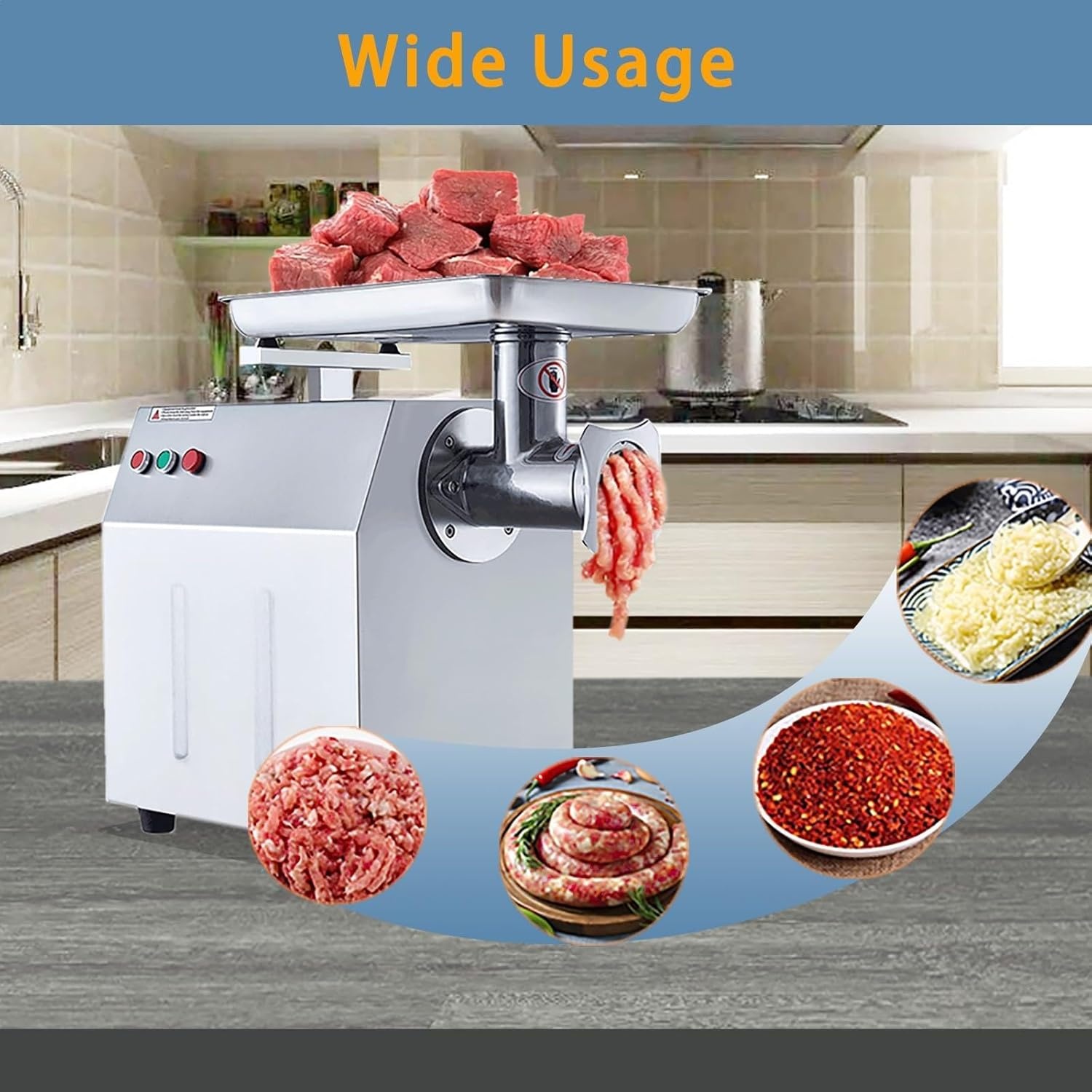 image:image1500W Commercial Electric Meat Grinder Heavy Duty Stainless Steel Mincer with 770 Lbs Per Hour Output Industrial Food Processing Machine with 2 Blades 2 Grifting Plates and Sausage Stuffer1500W