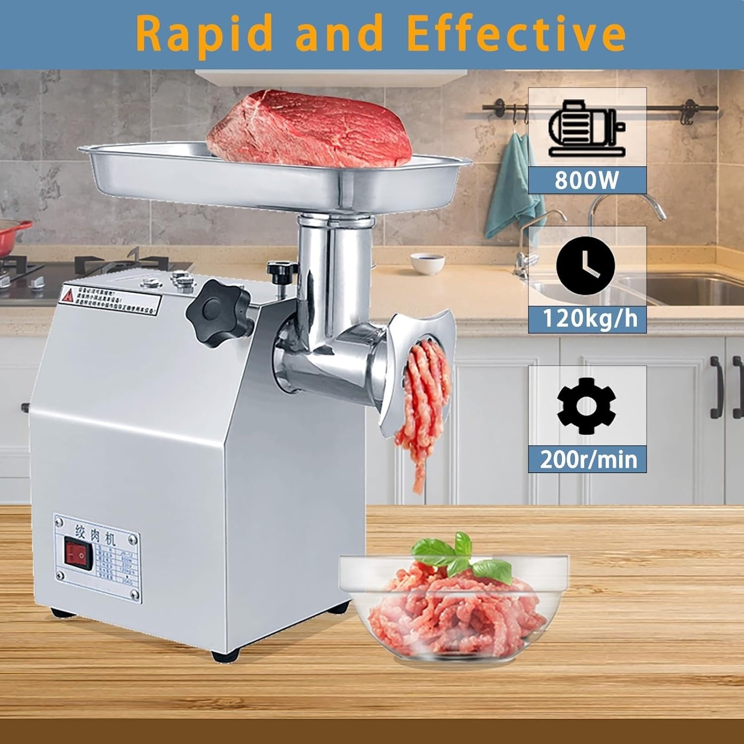 image:image1500W Commercial Electric Meat Grinder Heavy Duty Stainless Steel Mincer with 770 Lbs Per Hour Output Industrial Food Processing Machine with 2 Blades 2 Grifting Plates and Sausage Stuffer800W