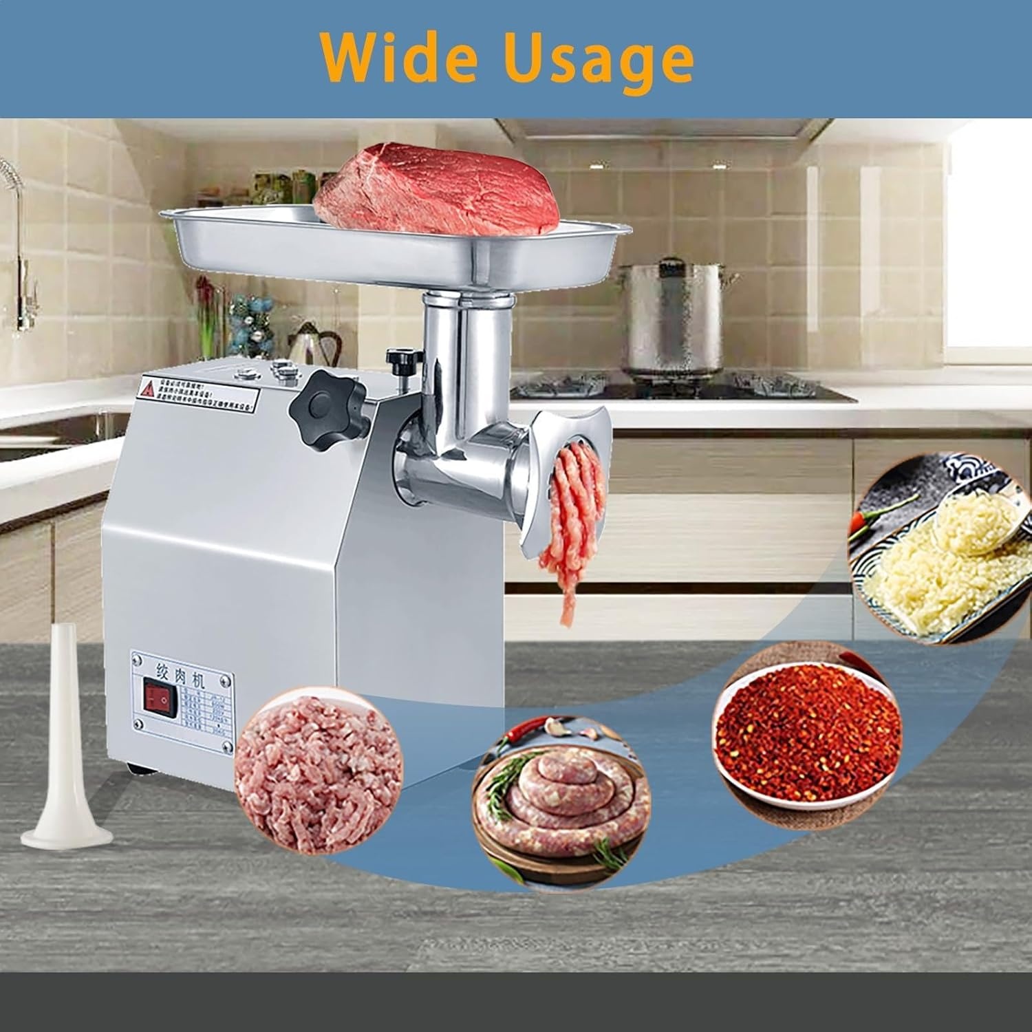 image:image1500W Commercial Electric Meat Grinder Heavy Duty Stainless Steel Mincer with 770 Lbs Per Hour Output Industrial Food Processing Machine with 2 Blades 2 Grifting Plates and Sausage Stuffer800W