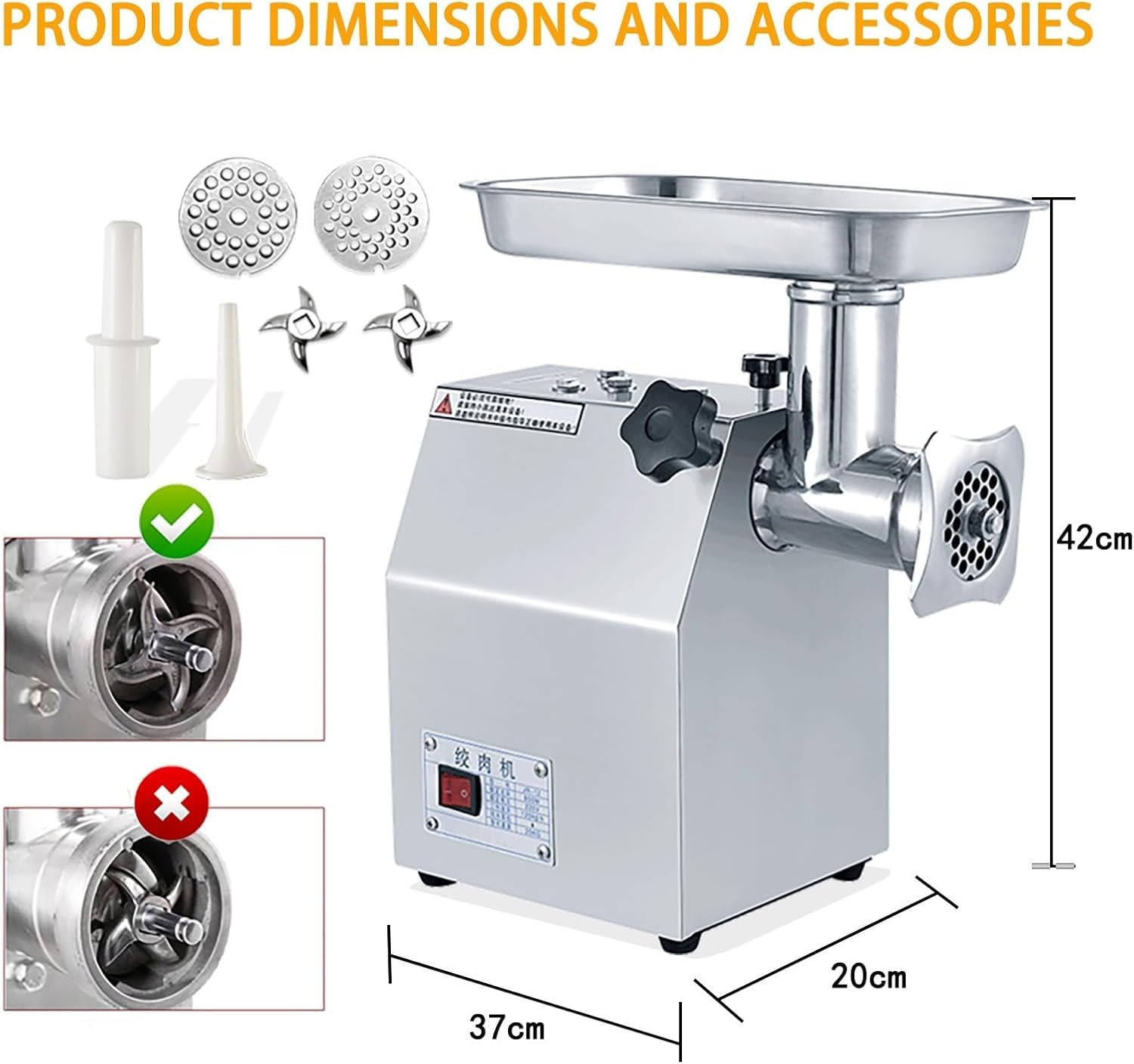 image:image1500W Commercial Electric Meat Grinder Heavy Duty Stainless Steel Mincer with 770 Lbs Per Hour Output Industrial Food Processing Machine with 2 Blades 2 Grifting Plates and Sausage Stuffer800W