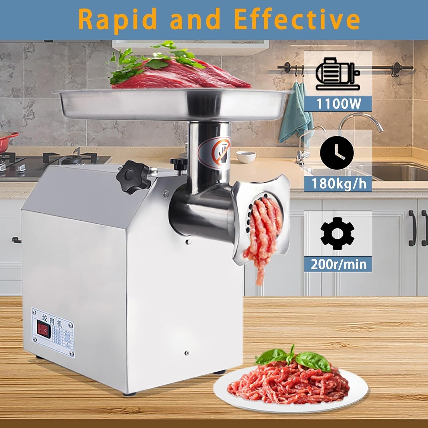 image:image1500W Commercial Electric Meat Grinder Heavy Duty Stainless Steel Mincer with 770 Lbs Per Hour Output Industrial Food Processing Machine with 2 Blades 2 Grifting Plates and Sausage Stuffer1100W