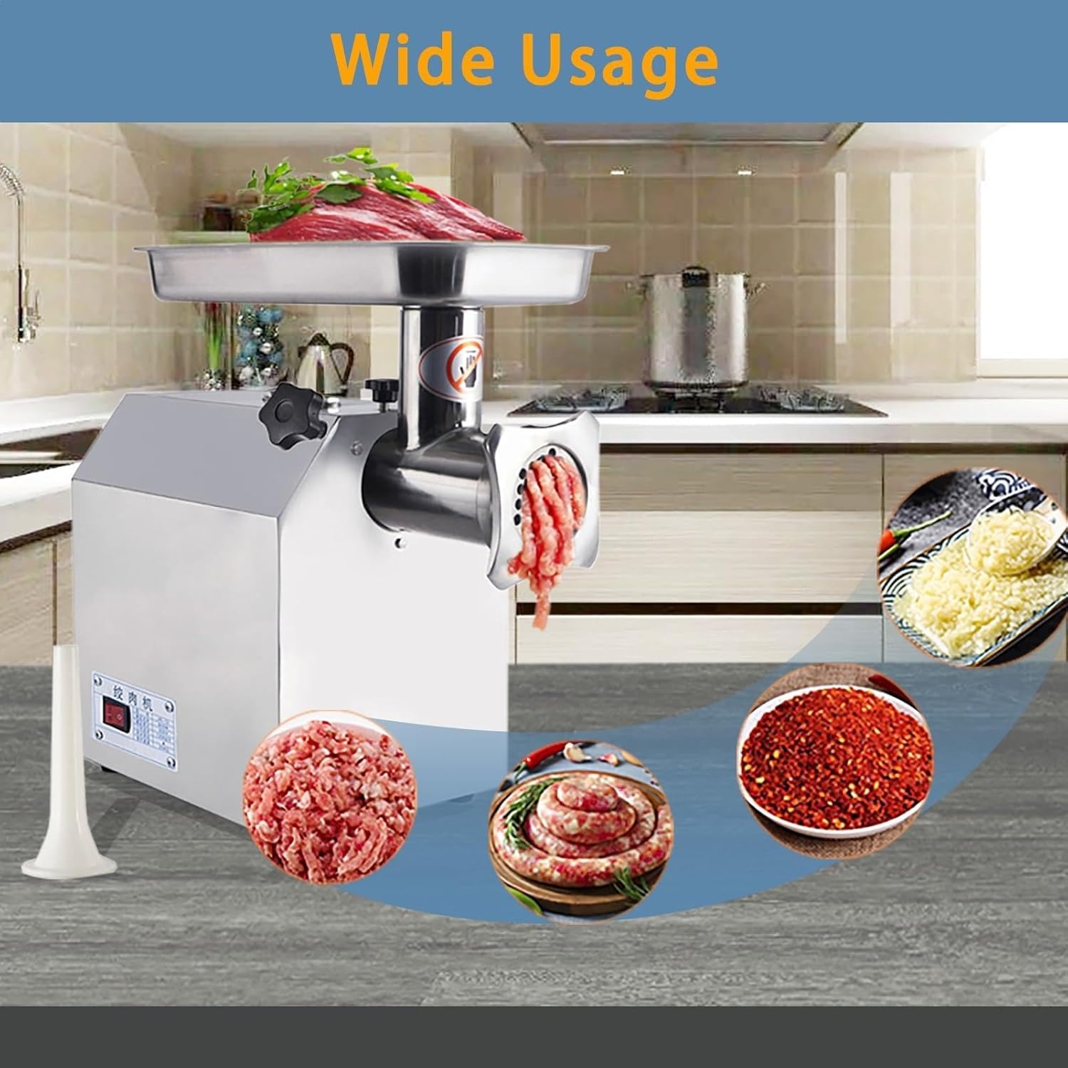 image:image1500W Commercial Electric Meat Grinder Heavy Duty Stainless Steel Mincer with 770 Lbs Per Hour Output Industrial Food Processing Machine with 2 Blades 2 Grifting Plates and Sausage Stuffer1100W