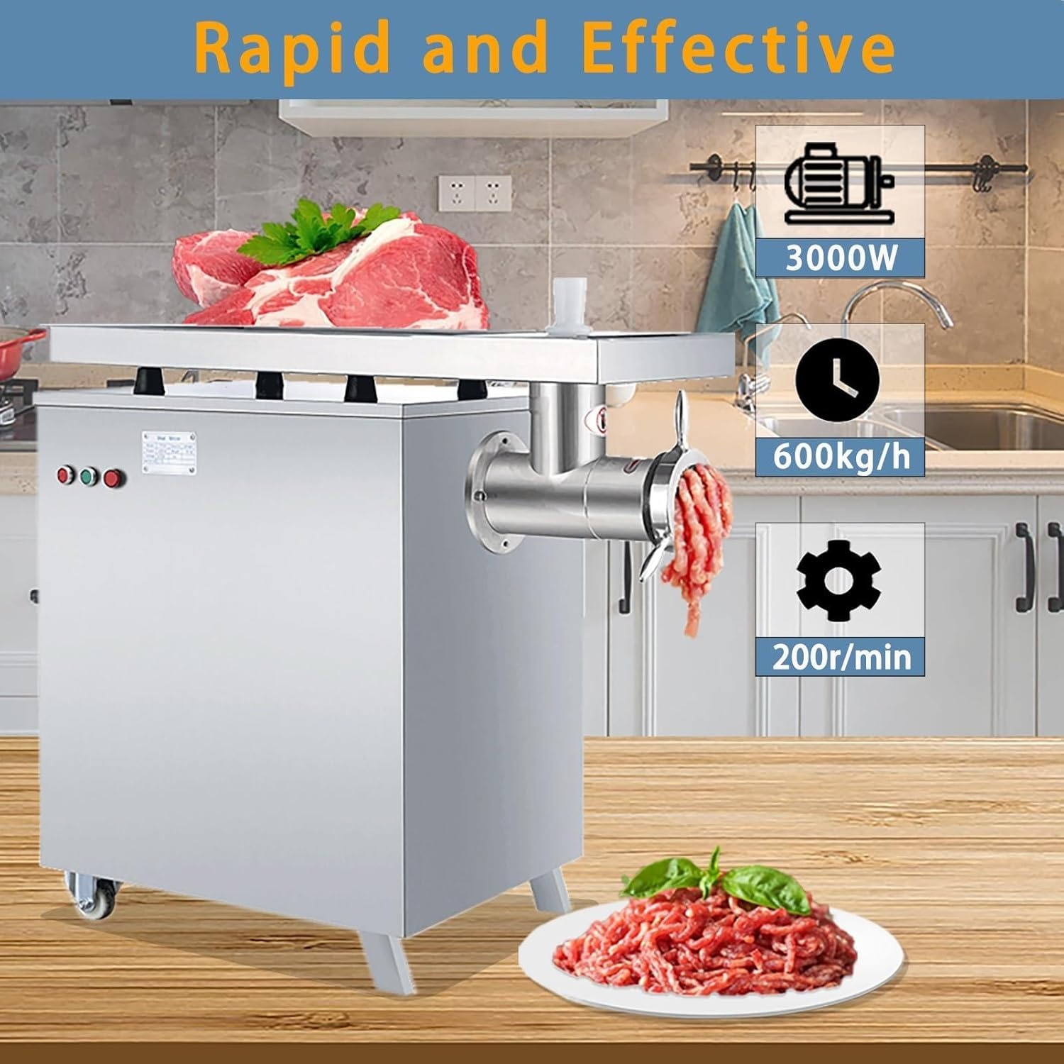 image:image1500W Commercial Electric Meat Grinder Heavy Duty Stainless Steel Mincer with 770 Lbs Per Hour Output Industrial Food Processing Machine with 2 Blades 2 Grifting Plates and Sausage Stuffer3000W