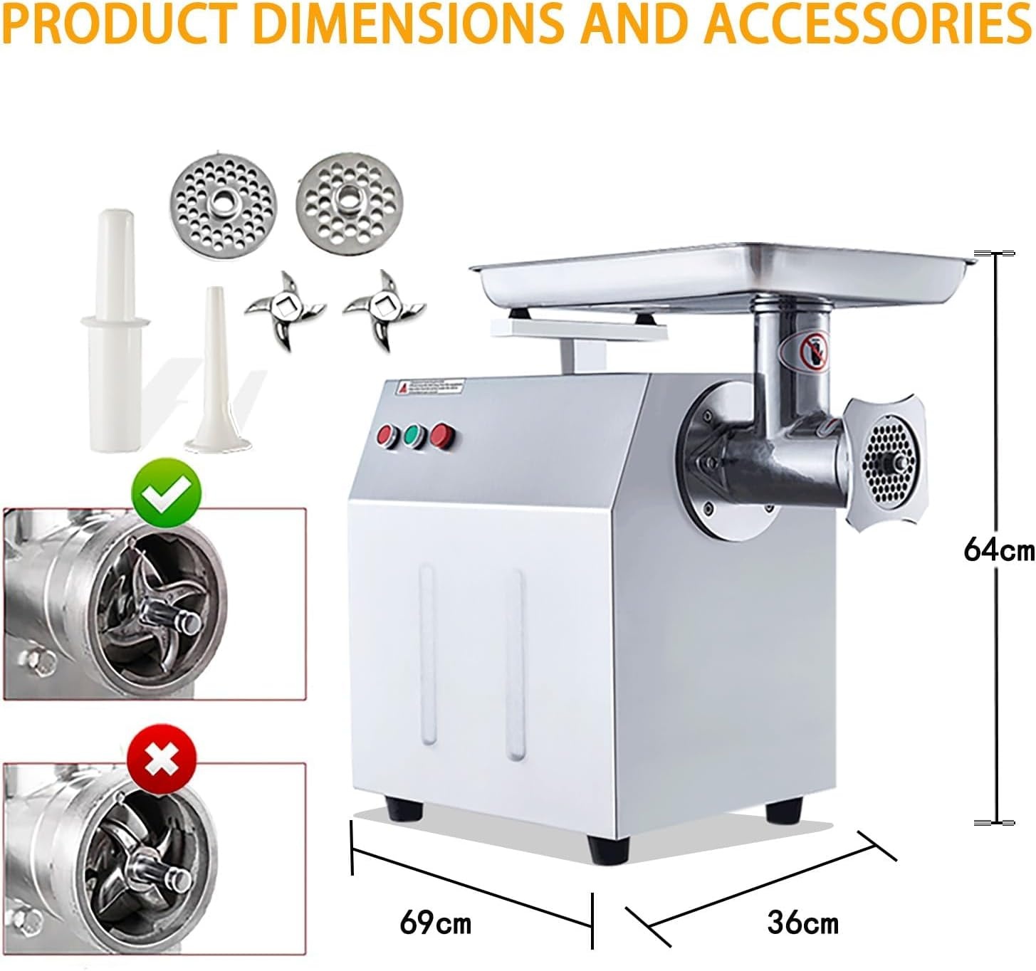 image:image1500W Commercial Electric Meat Grinder Heavy Duty Stainless Steel Mincer with 770 Lbs Per Hour Output Industrial Food Processing Machine with 2 Blades 2 Grifting Plates and Sausage Stuffer1500W