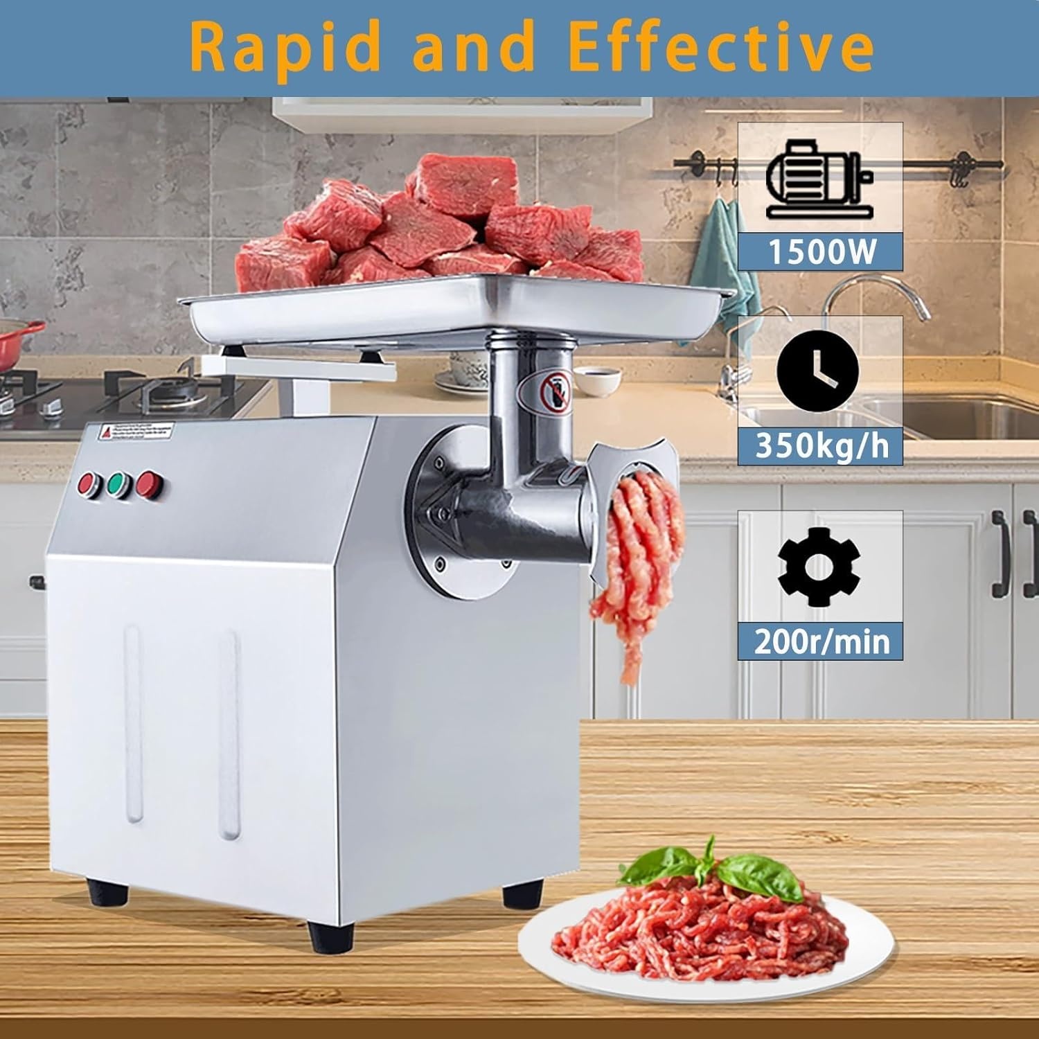 image:image1500W Commercial Electric Meat Grinder Heavy Duty Stainless Steel Mincer with 770 Lbs Per Hour Output Industrial Food Processing Machine with 2 Blades 2 Grifting Plates and Sausage Stuffer1500W