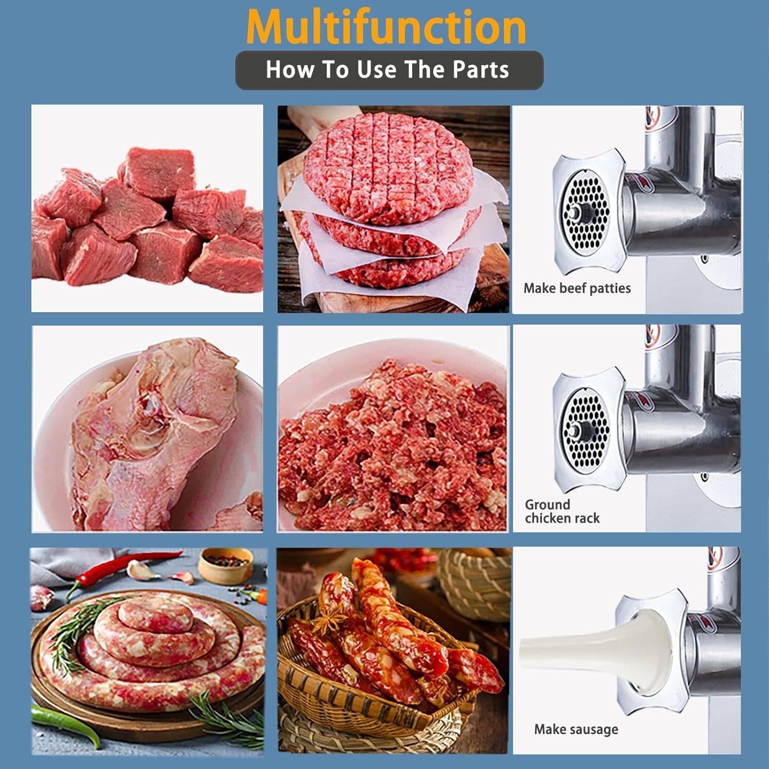 image:image1500W Commercial Electric Meat Grinder Heavy Duty Stainless Steel Mincer with 770 Lbs Per Hour Output Industrial Food Processing Machine with 2 Blades 2 Grifting Plates and Sausage Stuffer1500W
