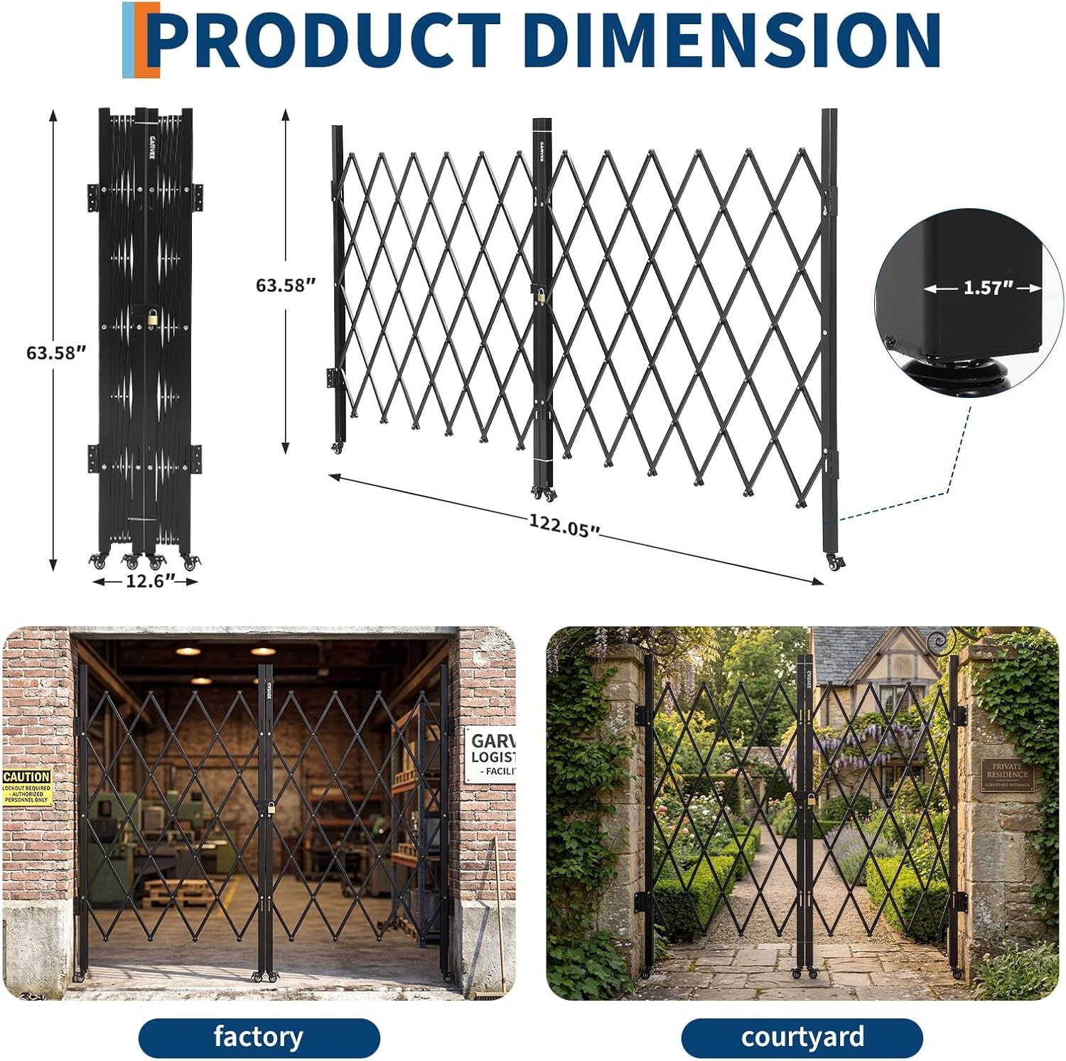 image:image7FT Metal Expandable Mobile BarricadeIndustrial Folding Security Gate Driveway Gate Retractable Retractable Gate OutdoorFolding Safety Barricade with CastersBlack