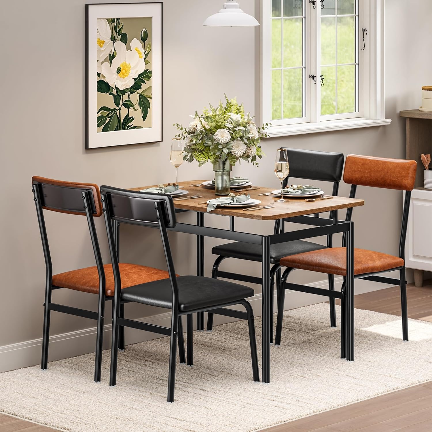 image:imageGarvee 5 Piece Dining Table Set Wooden Kitchen Table Set with 4 PU Upholstered Chair Industrial Metal Frame Dinette Set for Dining Room Home Dinner Party Apartment Studio Black Gray2 Brown Chairs2 Black Chairstable