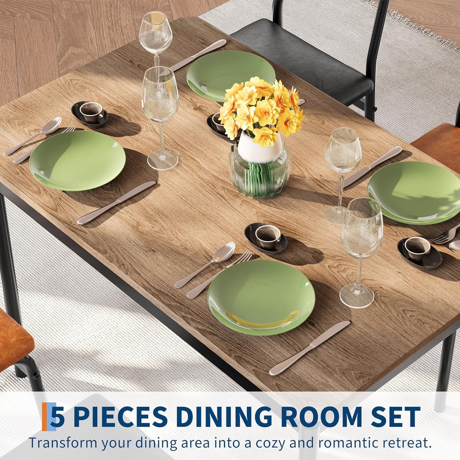 image:imageGarvee 5 Piece Dining Table Set Wooden Kitchen Table Set with 4 PU Upholstered Chair Industrial Metal Frame Dinette Set for Dining Room Home Dinner Party Apartment Studio Black Gray2 Brown Chairs2 Black Chairstable