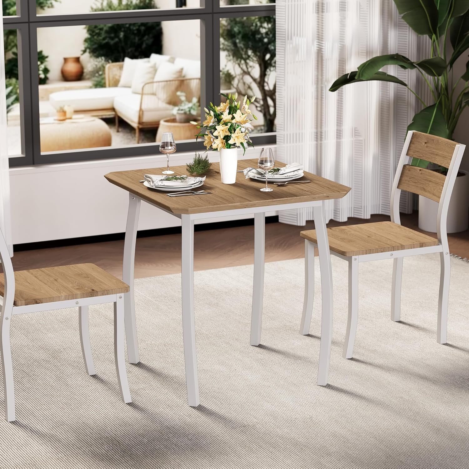 image:imageGarvee 5 Piece Dining Table Set Wooden Kitchen Table Set with 4 PU Upholstered Chair Industrial Metal Frame Dinette Set for Dining Room Home Dinner Party Apartment Studio Black GrayWood Seat White Tube Wood Grain