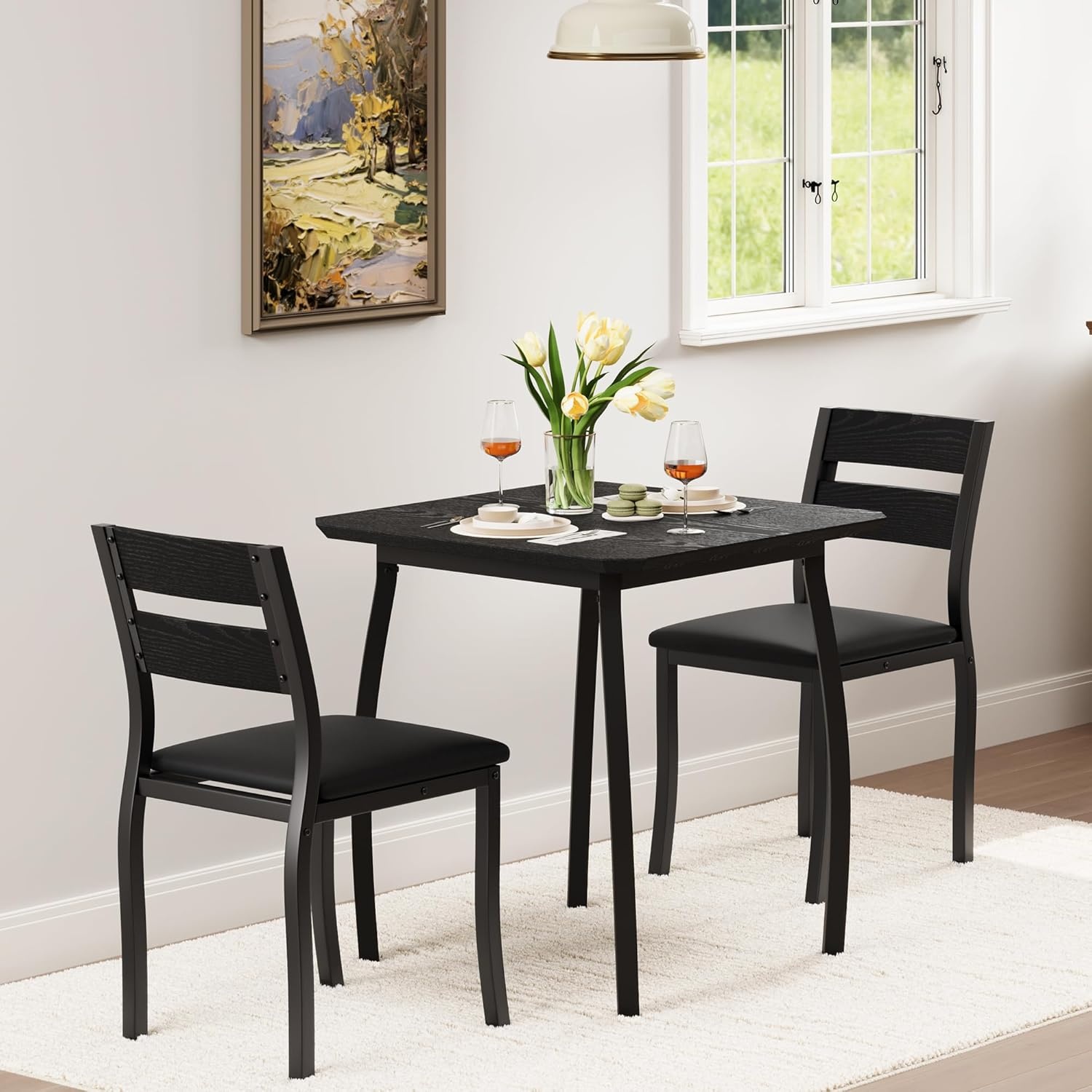 image:imageGarvee 5 Piece Dining Table Set Wooden Kitchen Table Set with 4 PU Upholstered Chair Industrial Metal Frame Dinette Set for Dining Room Home Dinner Party Apartment Studio Black GraySoft Seat Black Tube Black
