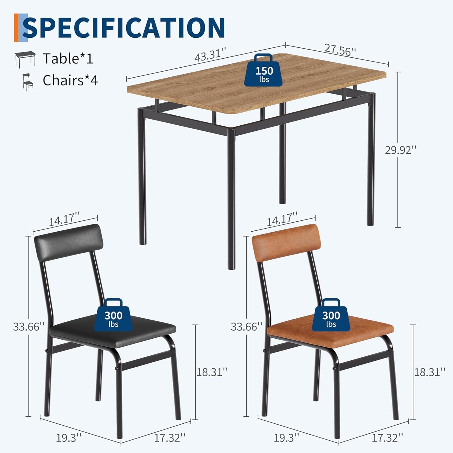 image:imageGarvee 5 Piece Dining Table Set Wooden Kitchen Table Set with 4 PU Upholstered Chair Industrial Metal Frame Dinette Set for Dining Room Home Dinner Party Apartment Studio Black Gray2 Brown Chairs2 Black Chairstable