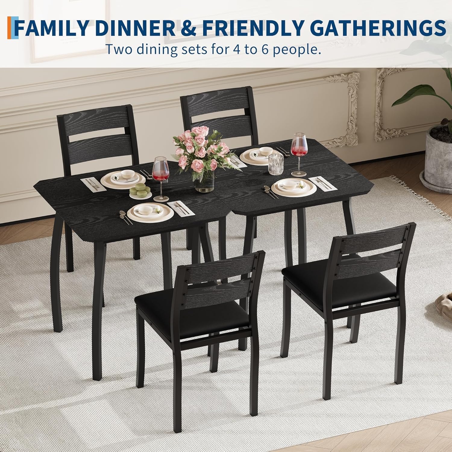 image:imageGarvee 5 Piece Dining Table Set Wooden Kitchen Table Set with 4 PU Upholstered Chair Industrial Metal Frame Dinette Set for Dining Room Home Dinner Party Apartment Studio Black GraySoft Seat Black Tube Black