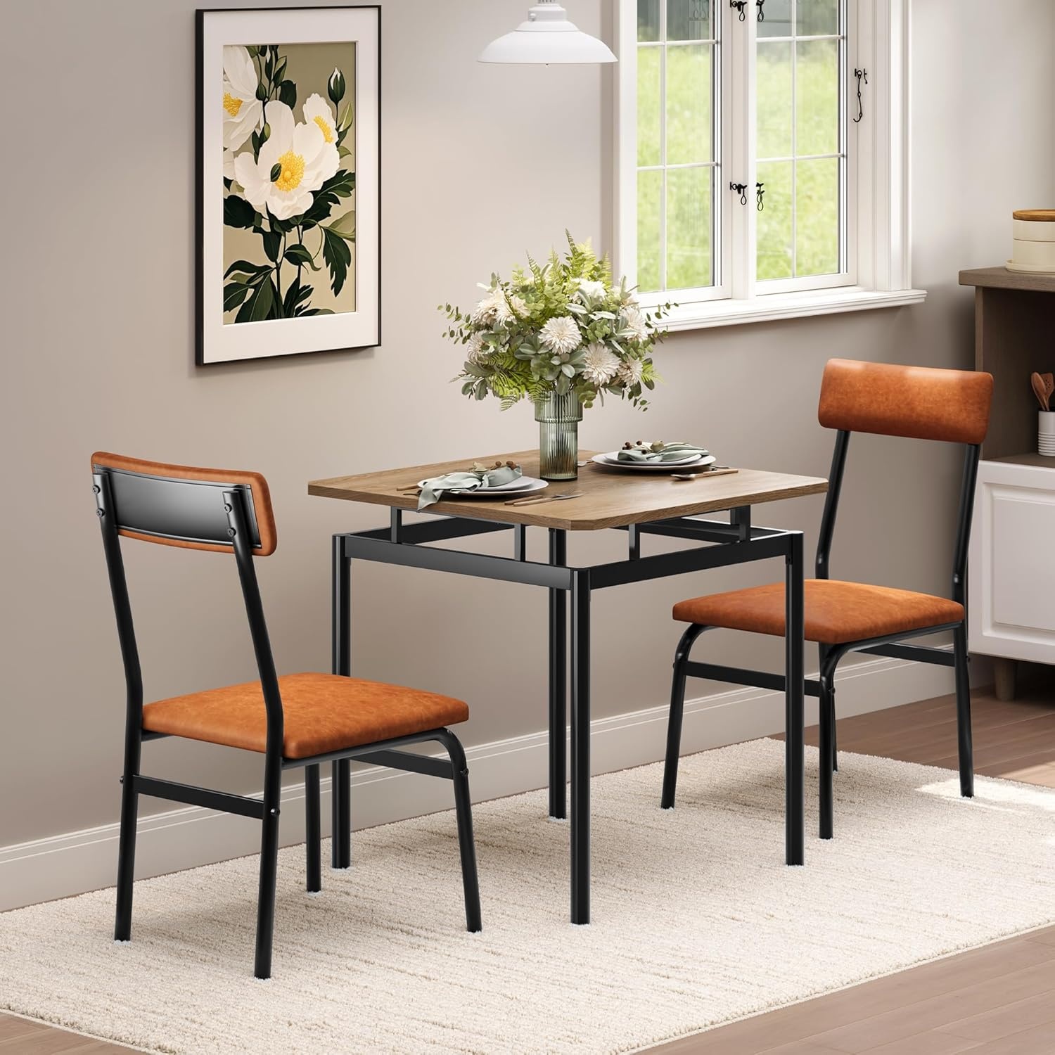 image:imageGarvee 5 Piece Dining Table Set Wooden Kitchen Table Set with 4 PU Upholstered Chair Industrial Metal Frame Dinette Set for Dining Room Home Dinner Party Apartment Studio Black GrayBrown