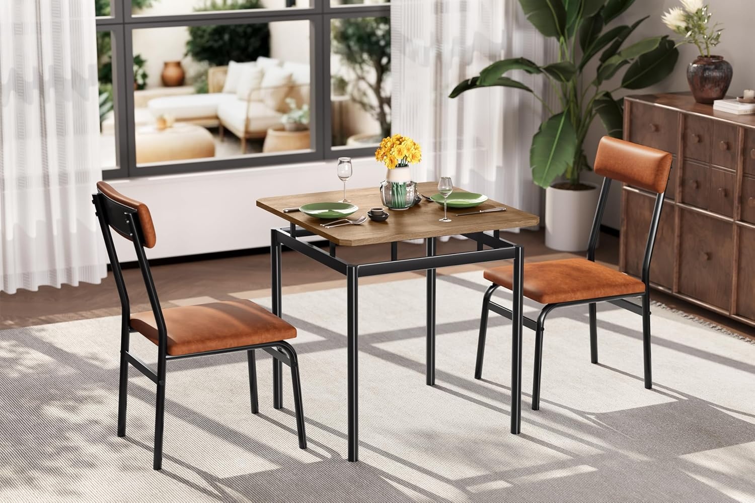 image:imageGarvee 5 Piece Dining Table Set Wooden Kitchen Table Set with 4 PU Upholstered Chair Industrial Metal Frame Dinette Set for Dining Room Home Dinner Party Apartment Studio Black GrayBrown