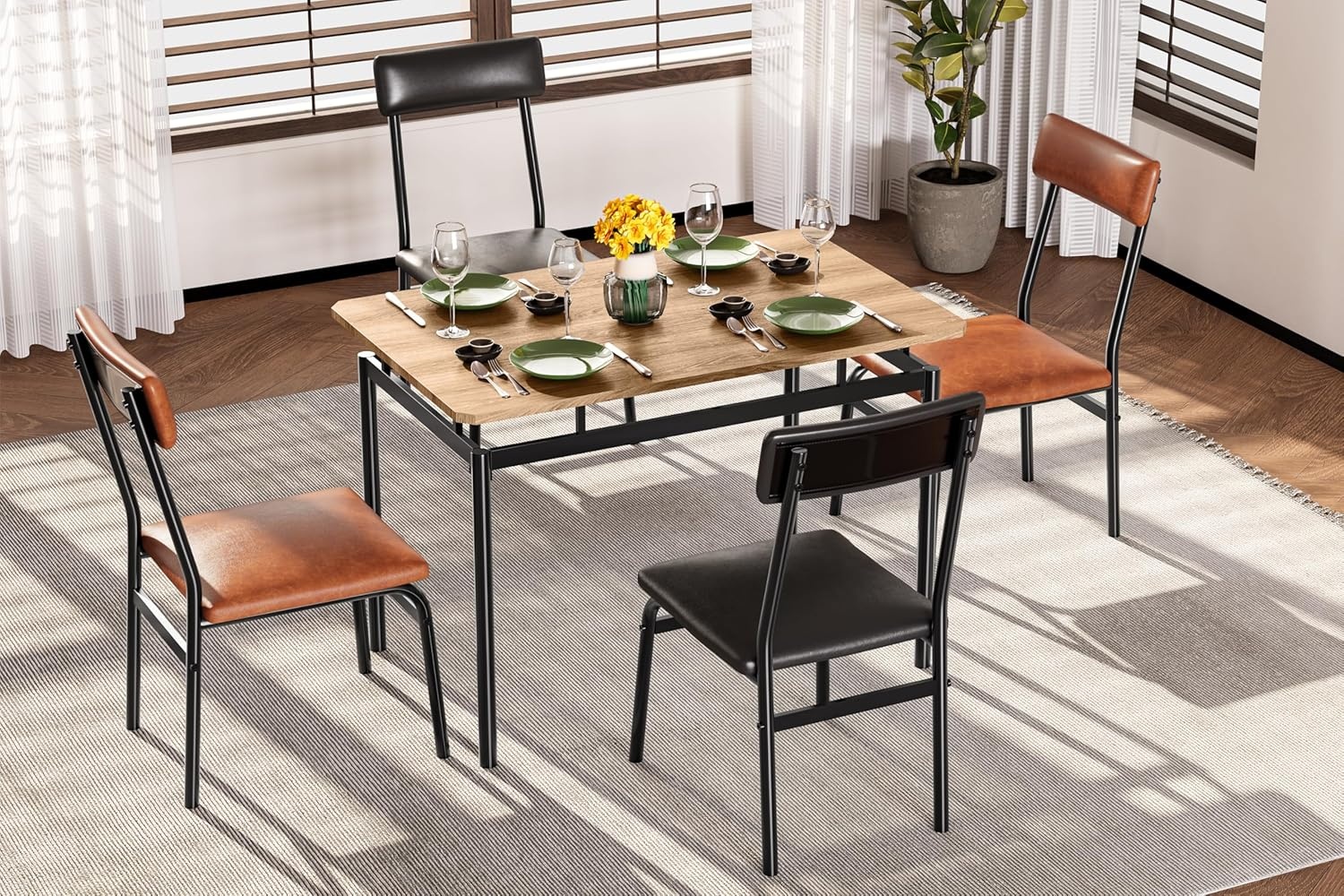 image:imageGarvee 5 Piece Dining Table Set Wooden Kitchen Table Set with 4 PU Upholstered Chair Industrial Metal Frame Dinette Set for Dining Room Home Dinner Party Apartment Studio Black Gray2 Brown Chairs2 Black Chairstable