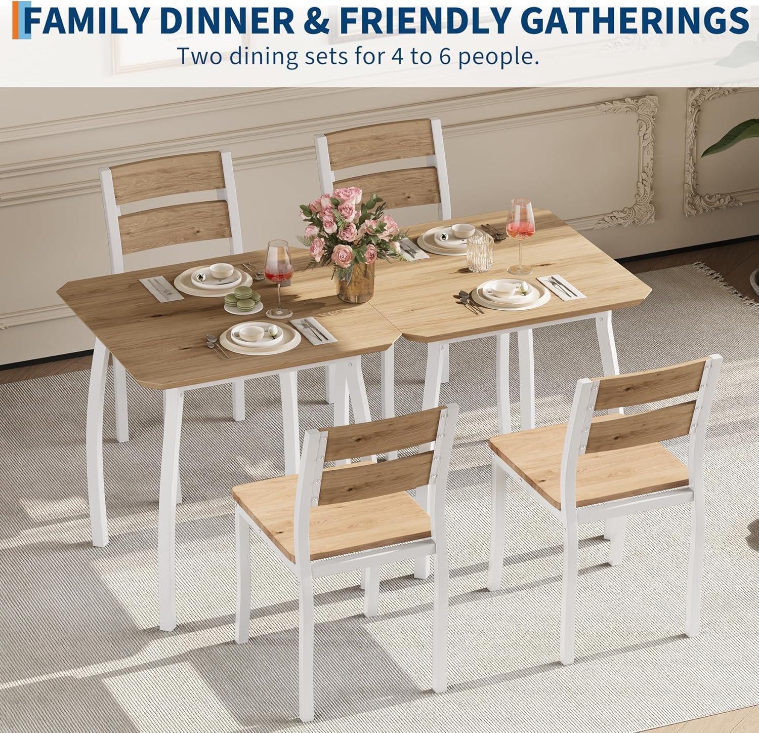 image:imageGarvee 5 Piece Dining Table Set Wooden Kitchen Table Set with 4 PU Upholstered Chair Industrial Metal Frame Dinette Set for Dining Room Home Dinner Party Apartment Studio Black GrayWood Seat White Tube Wood Grain