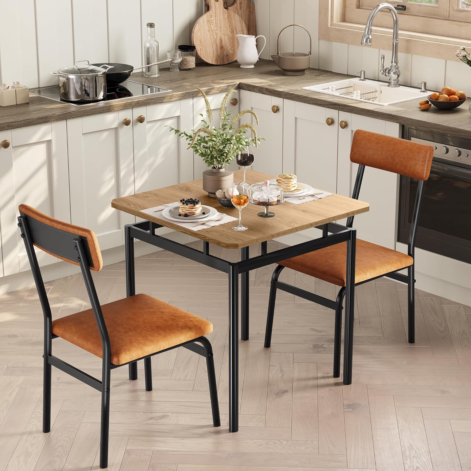 image:imageGarvee 5 Piece Dining Table Set Wooden Kitchen Table Set with 4 PU Upholstered Chair Industrial Metal Frame Dinette Set for Dining Room Home Dinner Party Apartment Studio Black GrayBrown