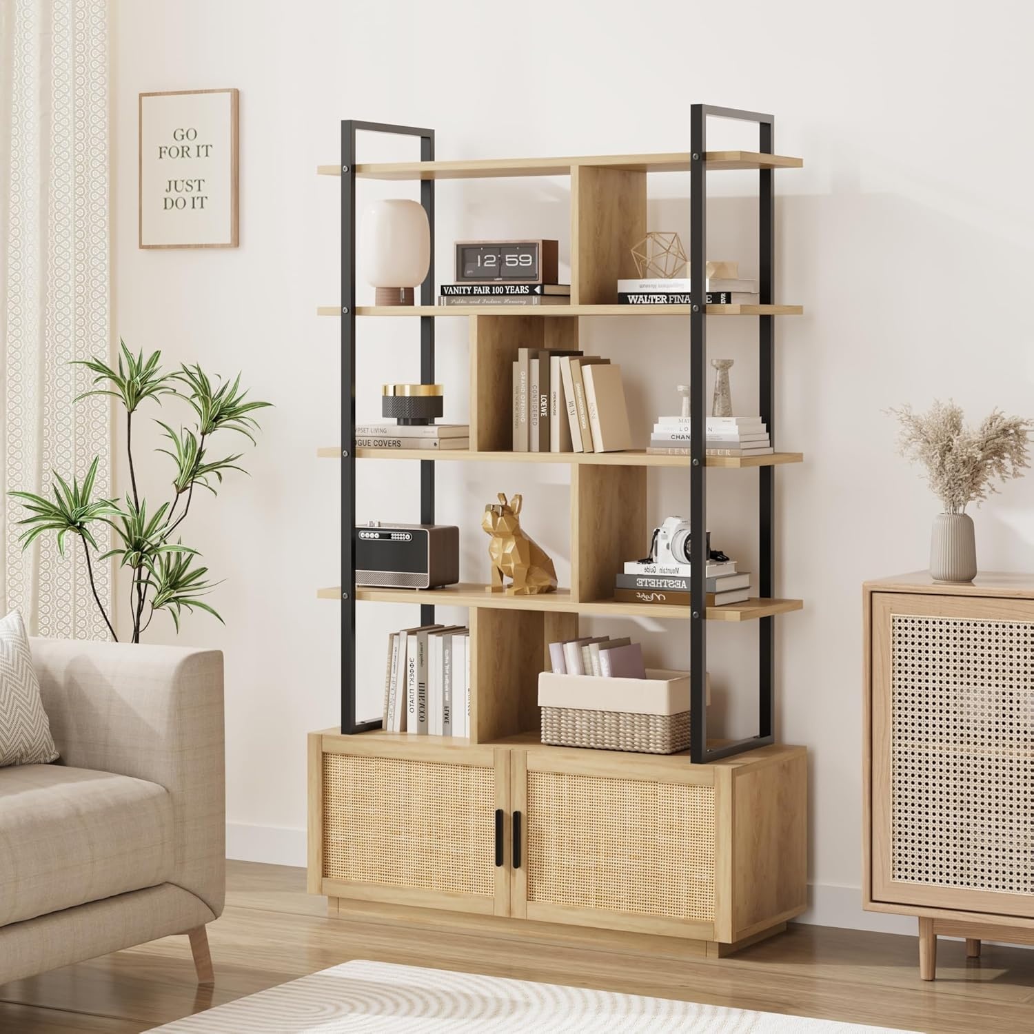 image:imageGarvee 5Tier Industrial Bookshelf with Rattan Cabinet 71 Inch Tall Bookcase Metal Frame Storage Shelf with 4 Open Shelves amp 1 Door for Living Room Bedroom BlackBurlywood