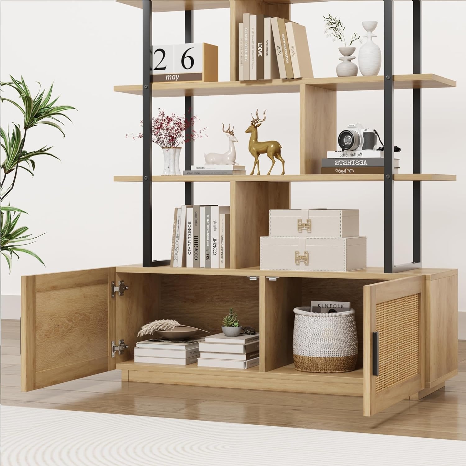 image:imageGarvee 5Tier Industrial Bookshelf with Rattan Cabinet 71 Inch Tall Bookcase Metal Frame Storage Shelf with 4 Open Shelves amp 1 Door for Living Room Bedroom BlackBurlywood