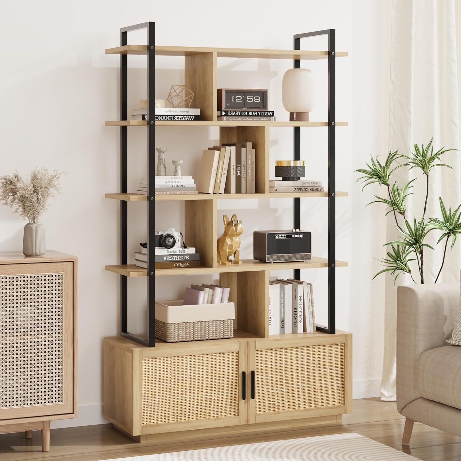 image:imageGarvee 5Tier Industrial Bookshelf with Rattan Cabinet 71 Inch Tall Bookcase Metal Frame Storage Shelf with 4 Open Shelves amp 1 Door for Living Room Bedroom BlackBurlywood