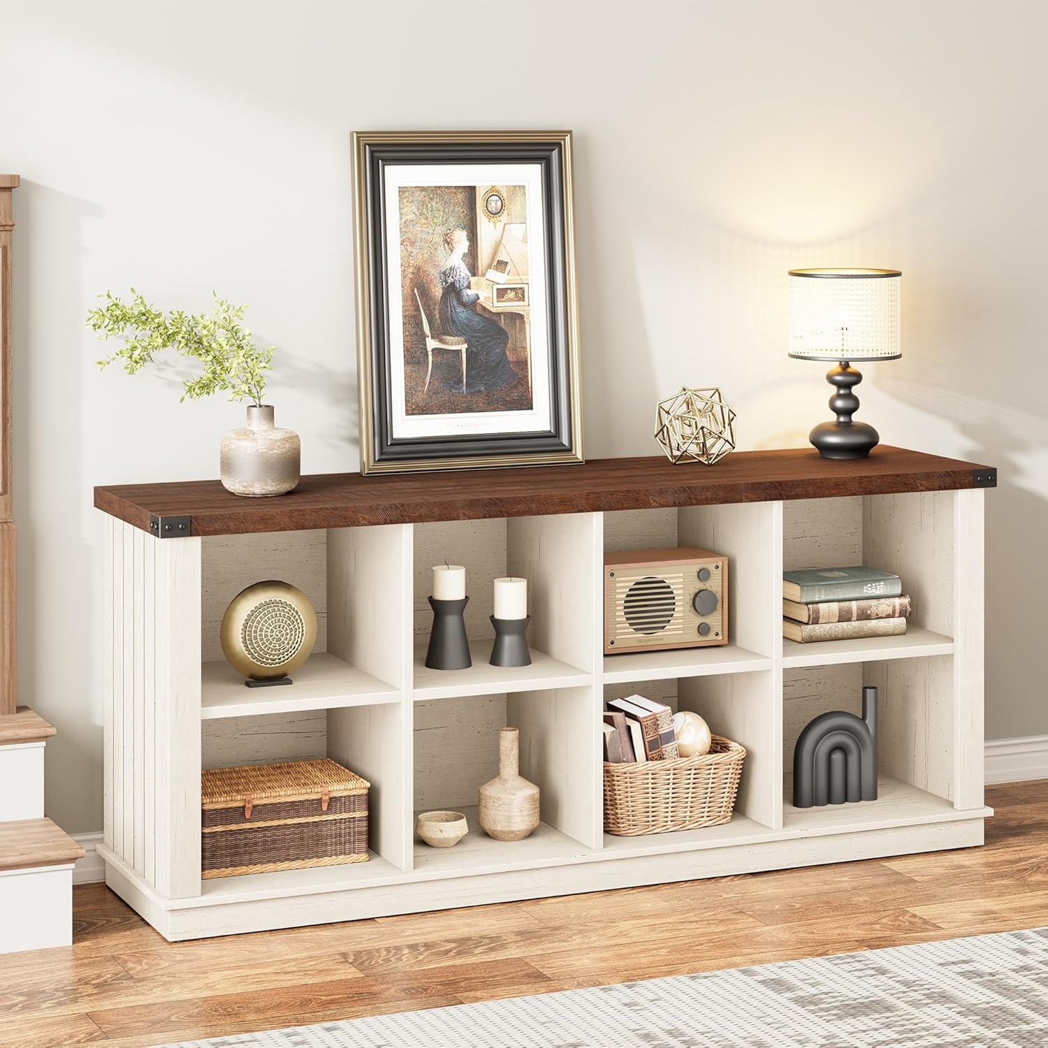 image:imageGarvee 62 in Industrial 8Cube Storage Organizer with 3Tier Metal Horizontal Bookcase Long Low Console Shelf for Entryway and Living RoomBrown and White Contrast