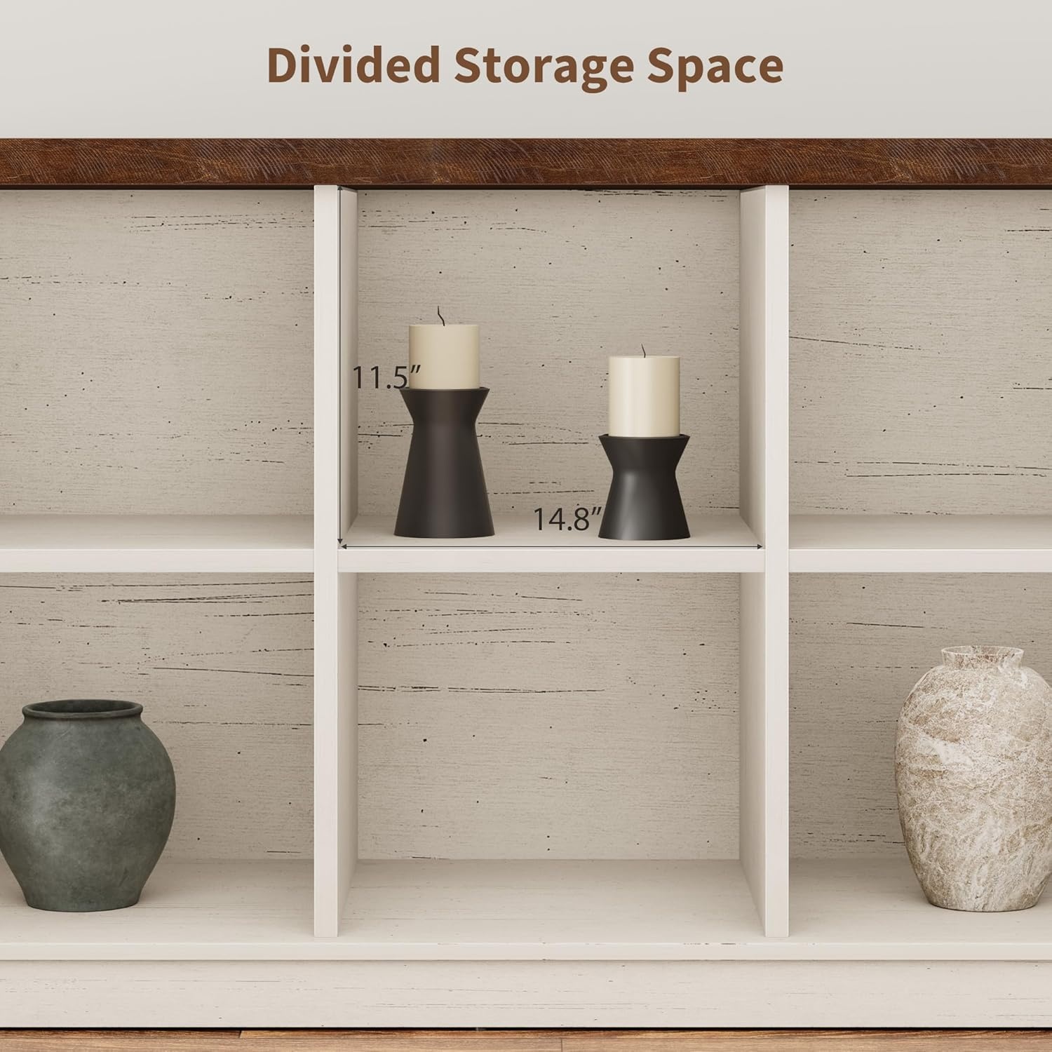 image:imageGarvee 62 in Industrial 8Cube Storage Organizer with 3Tier Metal Horizontal Bookcase Long Low Console Shelf for Entryway and Living RoomBrown and White Contrast