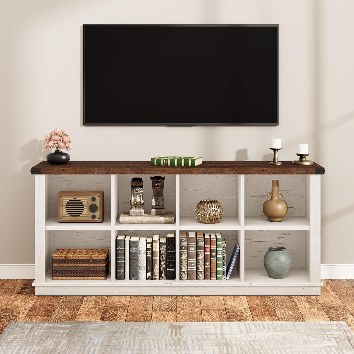 image:imageGarvee 62 in Industrial 8Cube Storage Organizer with 3Tier Metal Horizontal Bookcase Long Low Console Shelf for Entryway and Living RoomBrown and White Contrast