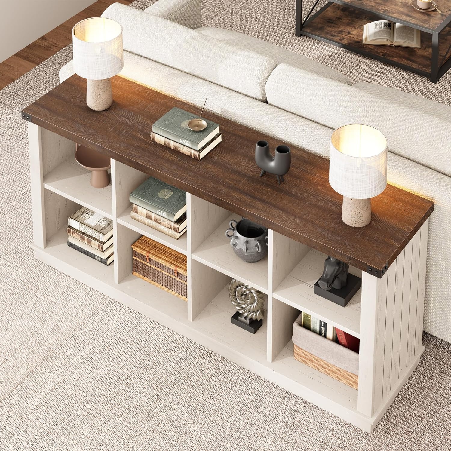 image:imageGarvee 62 in Industrial 8Cube Storage Organizer with 3Tier Metal Horizontal Bookcase Long Low Console Shelf for Entryway and Living RoomBrown and White Contrast