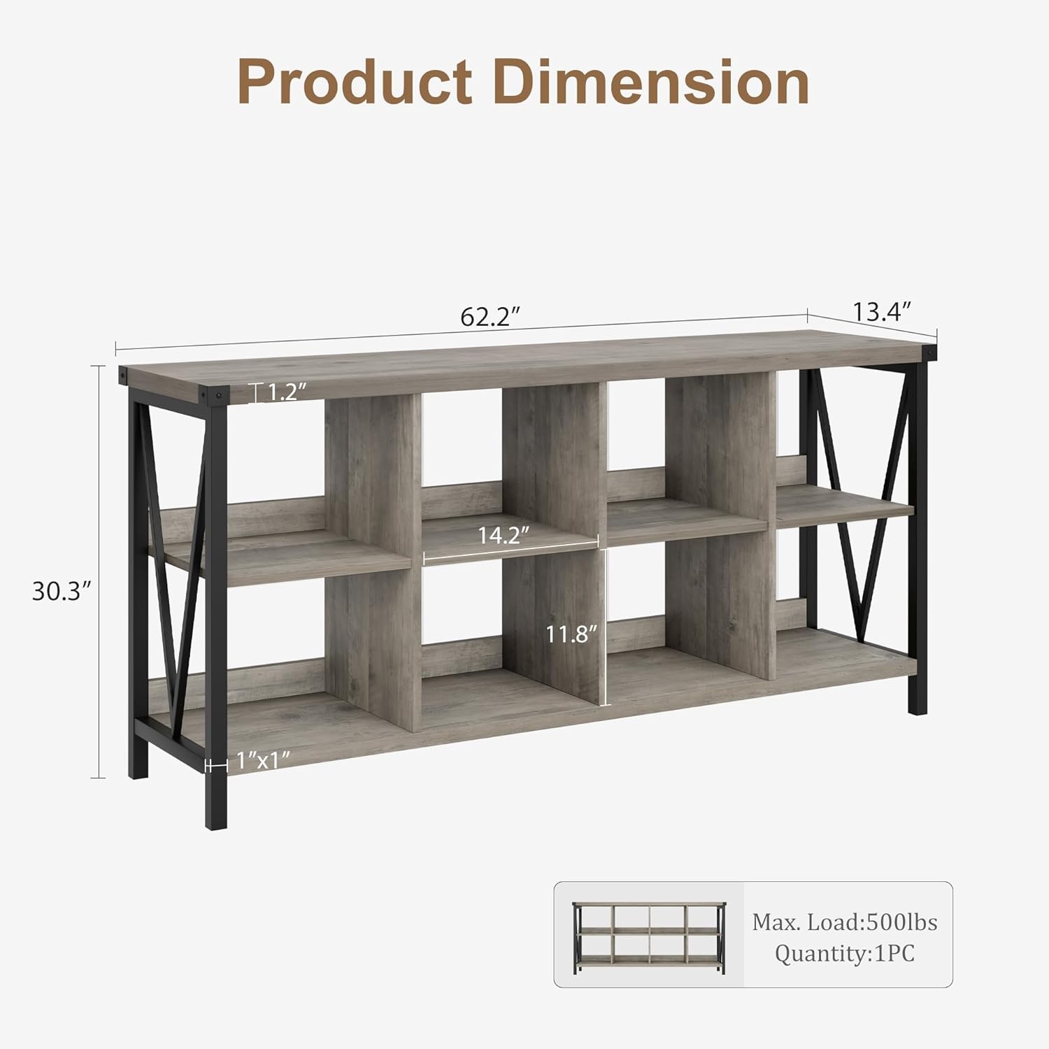 image:imageGarvee 62 in Industrial 8Cube Storage Organizer with 3Tier Metal Horizontal Bookcase Long Low Console Shelf for Entryway and Living RoomGrey